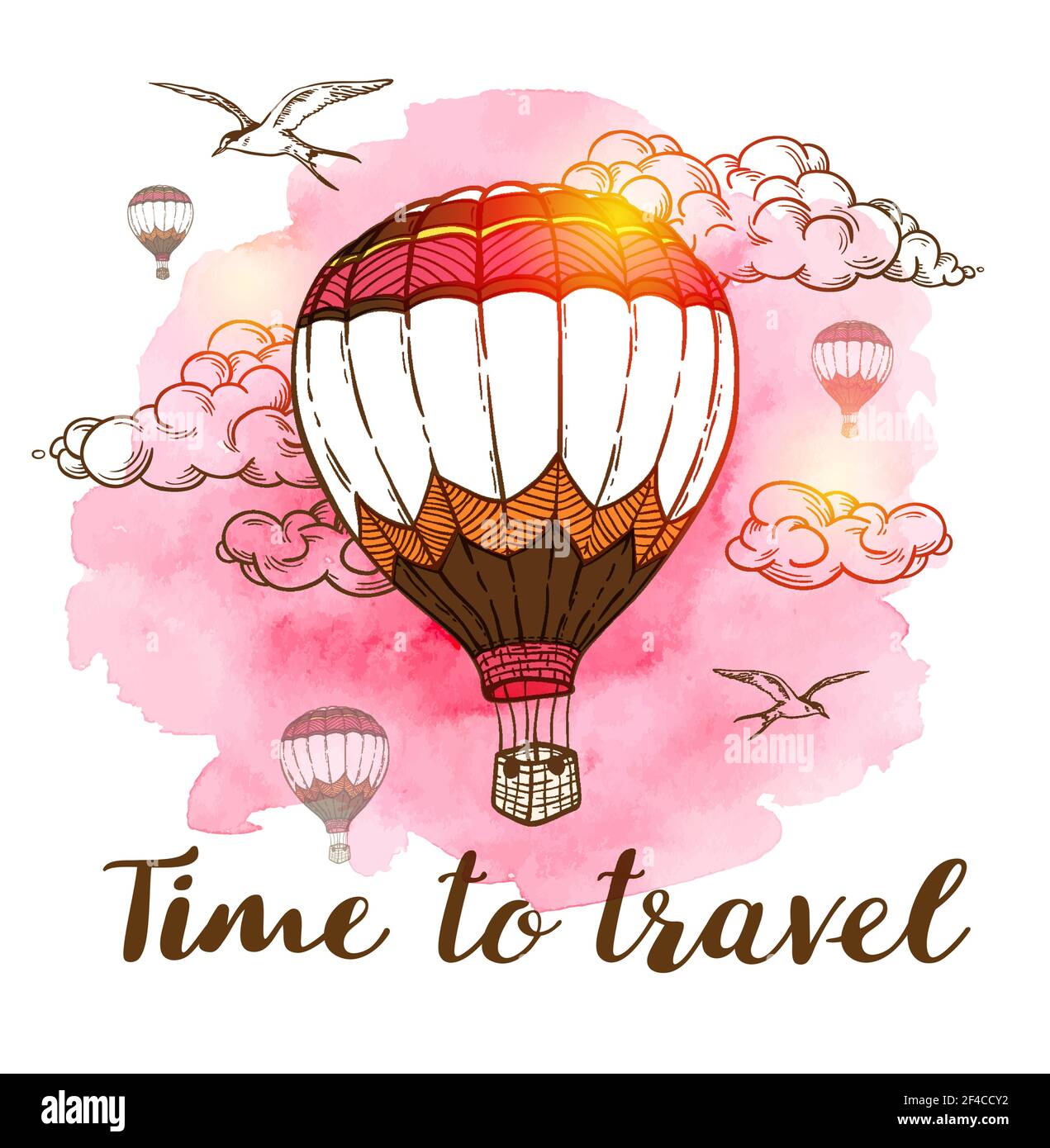 Travel background with air balloons, clouds and pink watercolor texture. Time to travel lettering. Hand drawn vector illustration.. Travel background with air balloons Stock Vector