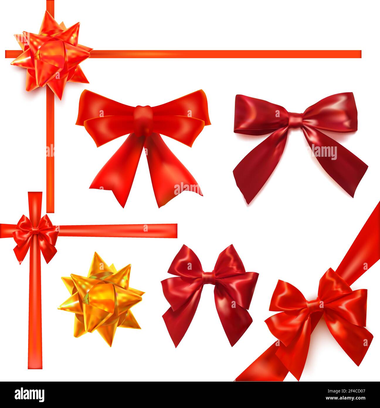 Set of red bows on white background. Vector set of colored silk ribbons ...