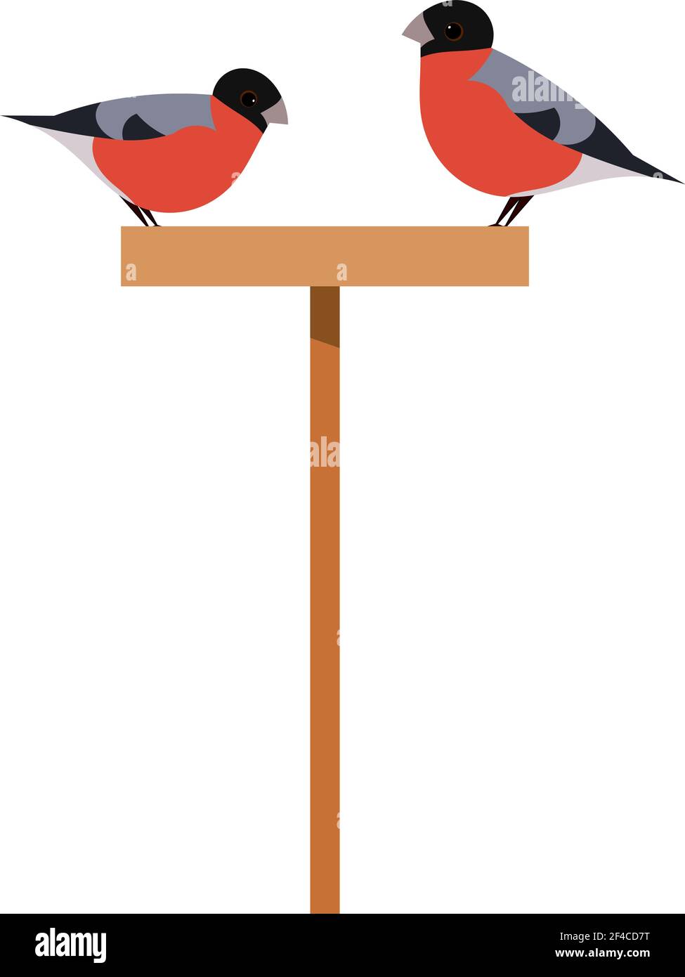 Two bullfinch on a feeding trough. Two birds on a wooden manger with heart on a white background. Illustration of love and friendship. Stock vector Stock Vector