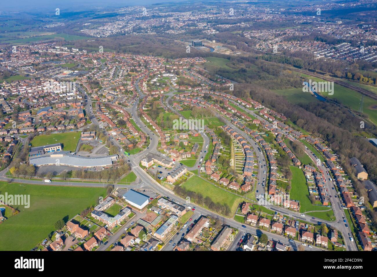 Aerial photo of the town of Kirkstall in Leeds West Yorkshire in the UK,  showing a drone view of the village with rows of suburban houses and roads  Stock Photo - Alamy