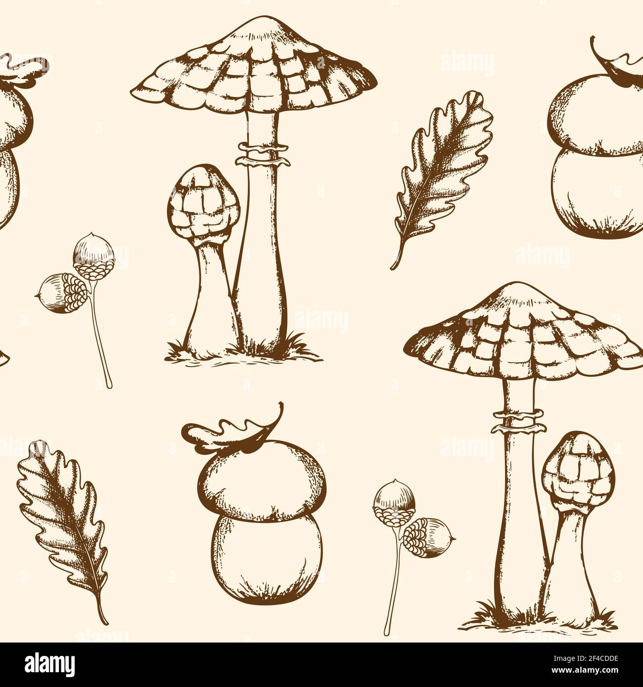 Vintage hand drawn vector seamless pattern with mushrooms, acorns and falling oak leaves Stock Vector
