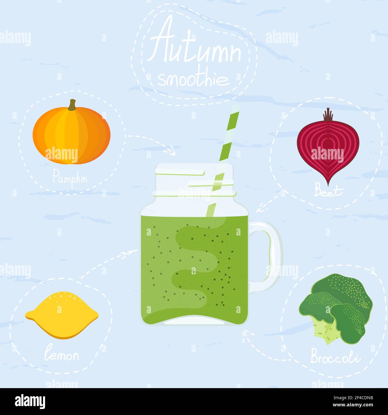 Vector illustration of autumn smoothies. Glass cup with drinking straw on a blue background. Smoothies with beetroot, pumpkin, broccoli and lemon. Autumn vitamin drink. Flat style Stock Vector