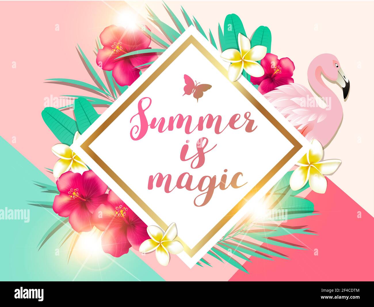 Summer tropical background with green palm leaves, pink flamingo and ...