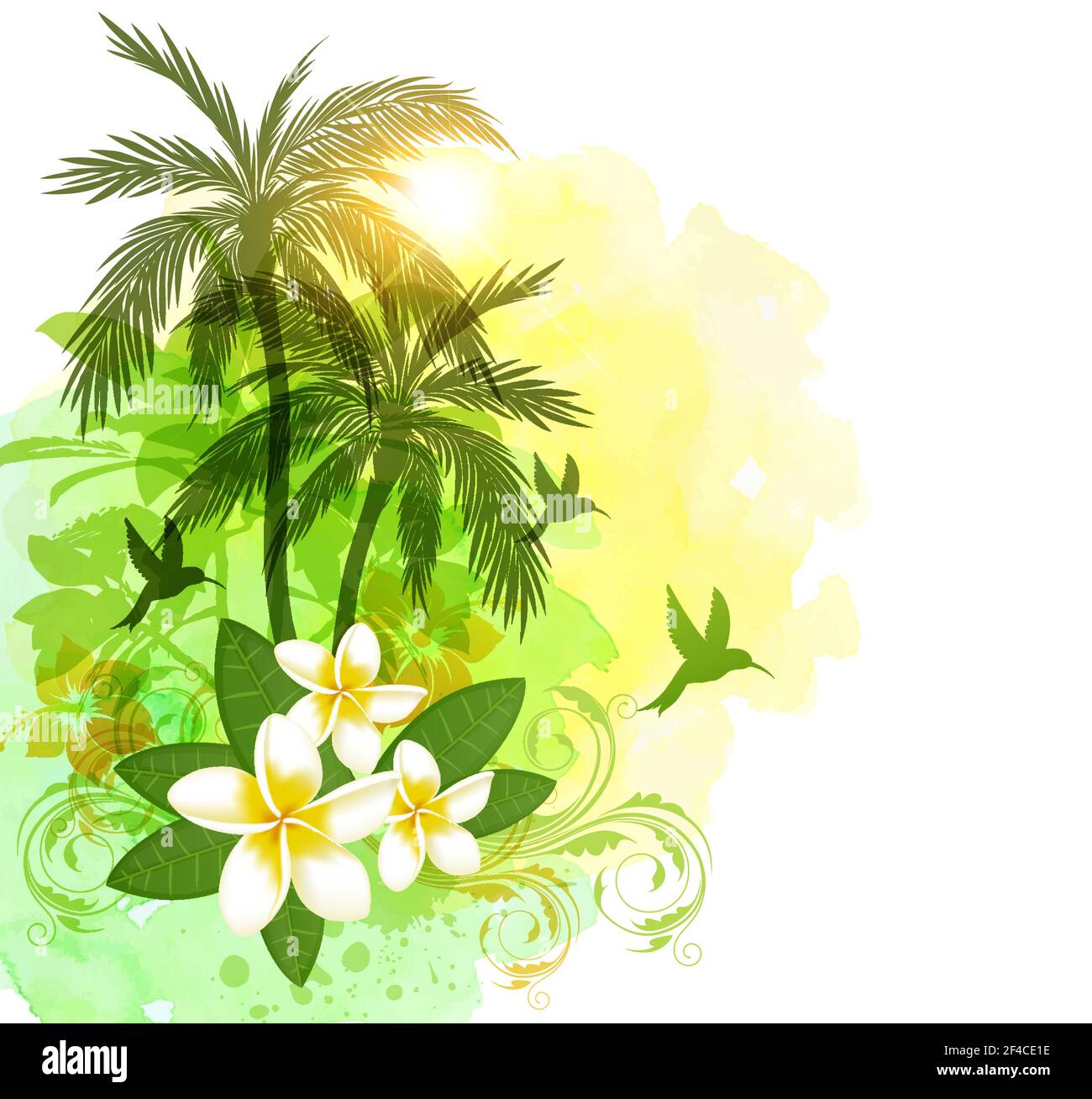 Summer floral vector tropical watercolor background with green palms ...