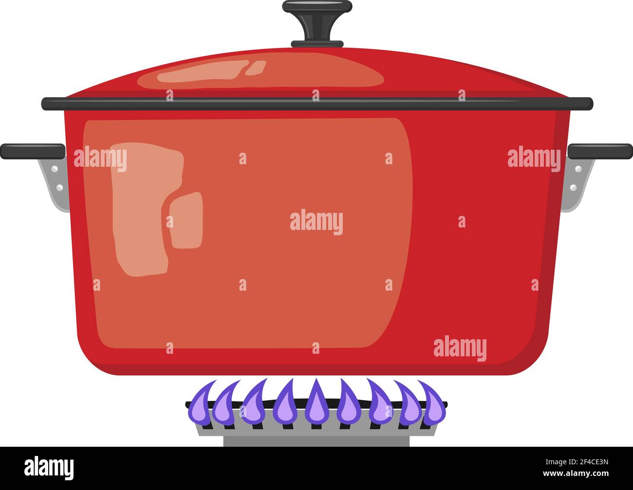Cartoon red metal pan with the lid closed on a gas stove. Vector image kitchen pan in the fire. Stock vector illustration Stock Vector