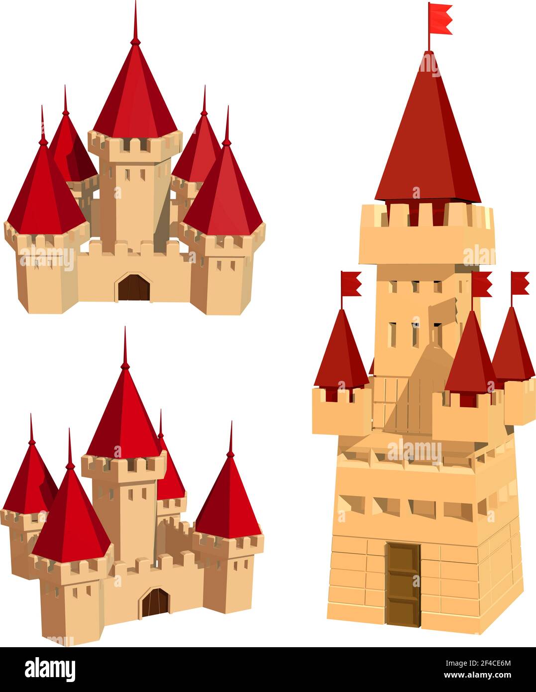 Vector color set of castles and flags on a white background. Abstract ancient building on a white background. Isolated object. Castle, Tower, Flag. Stock vector illustration Stock Vector