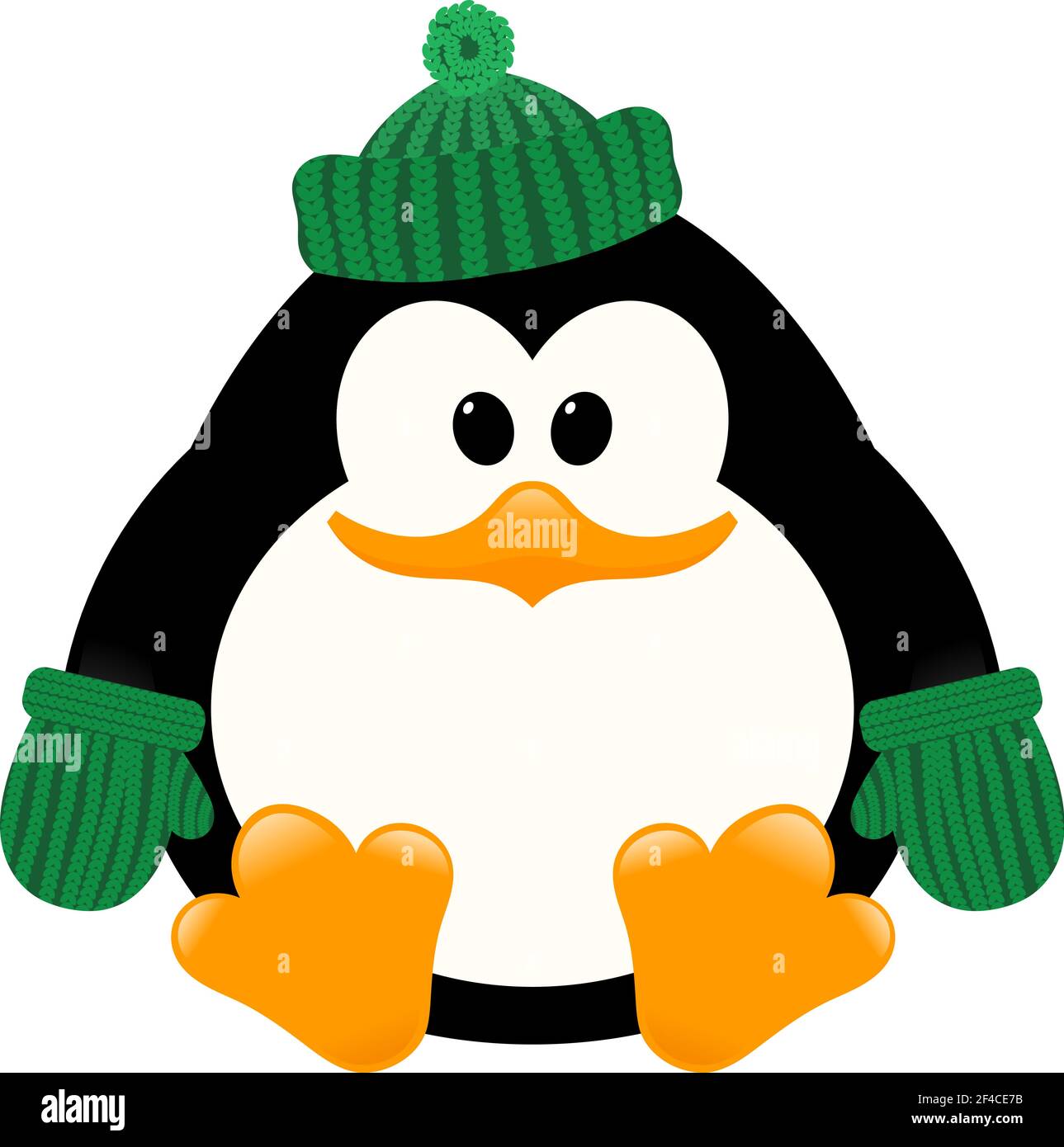 Vector illustration of a young cute penguin in a knitted cap and mittens sitting on the ice. Isolate. Winter sitting Baby Penguin Stock Vector