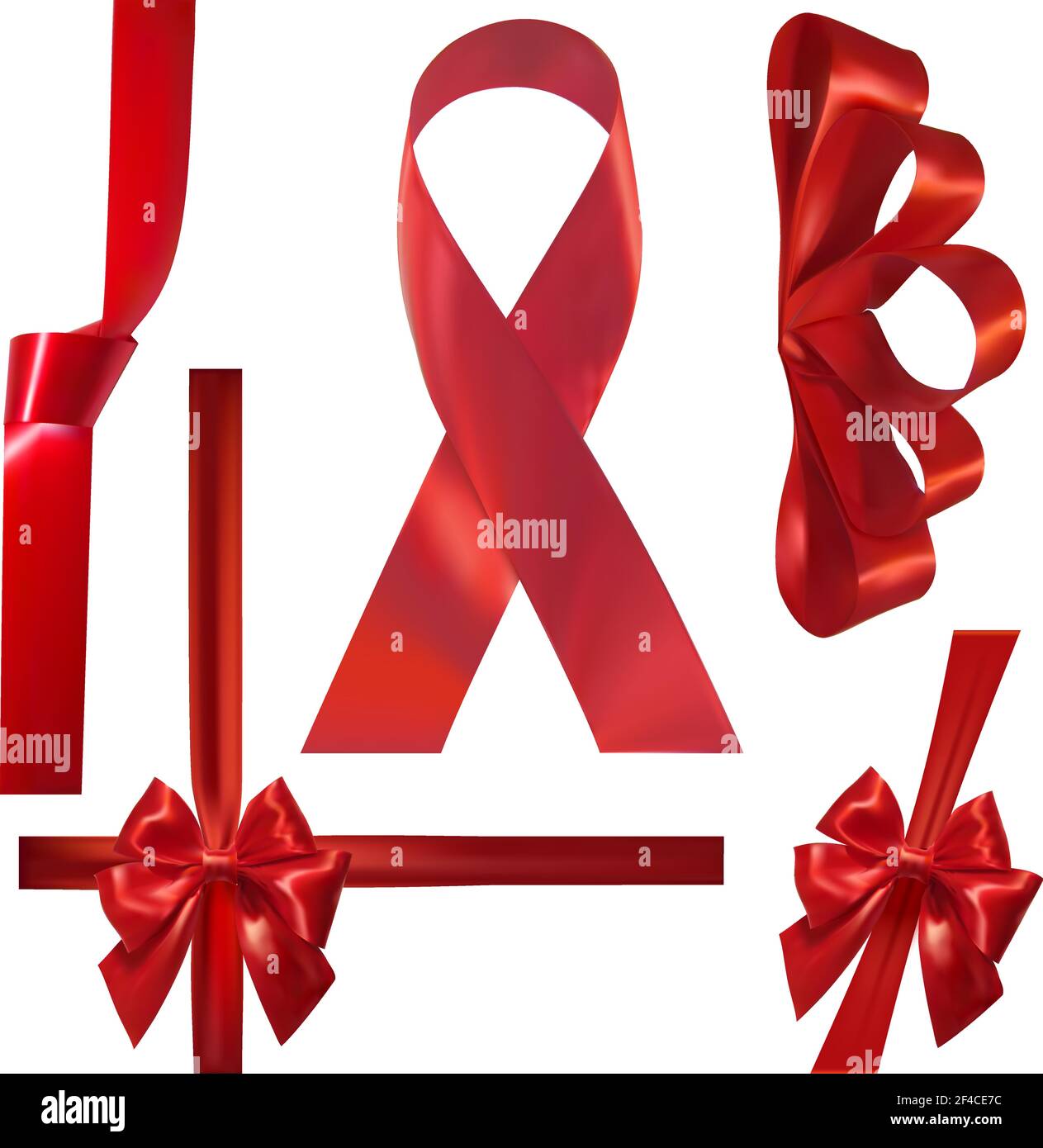 Red ribbon knots on a white background. Set of color vector components of the tape. Isolated