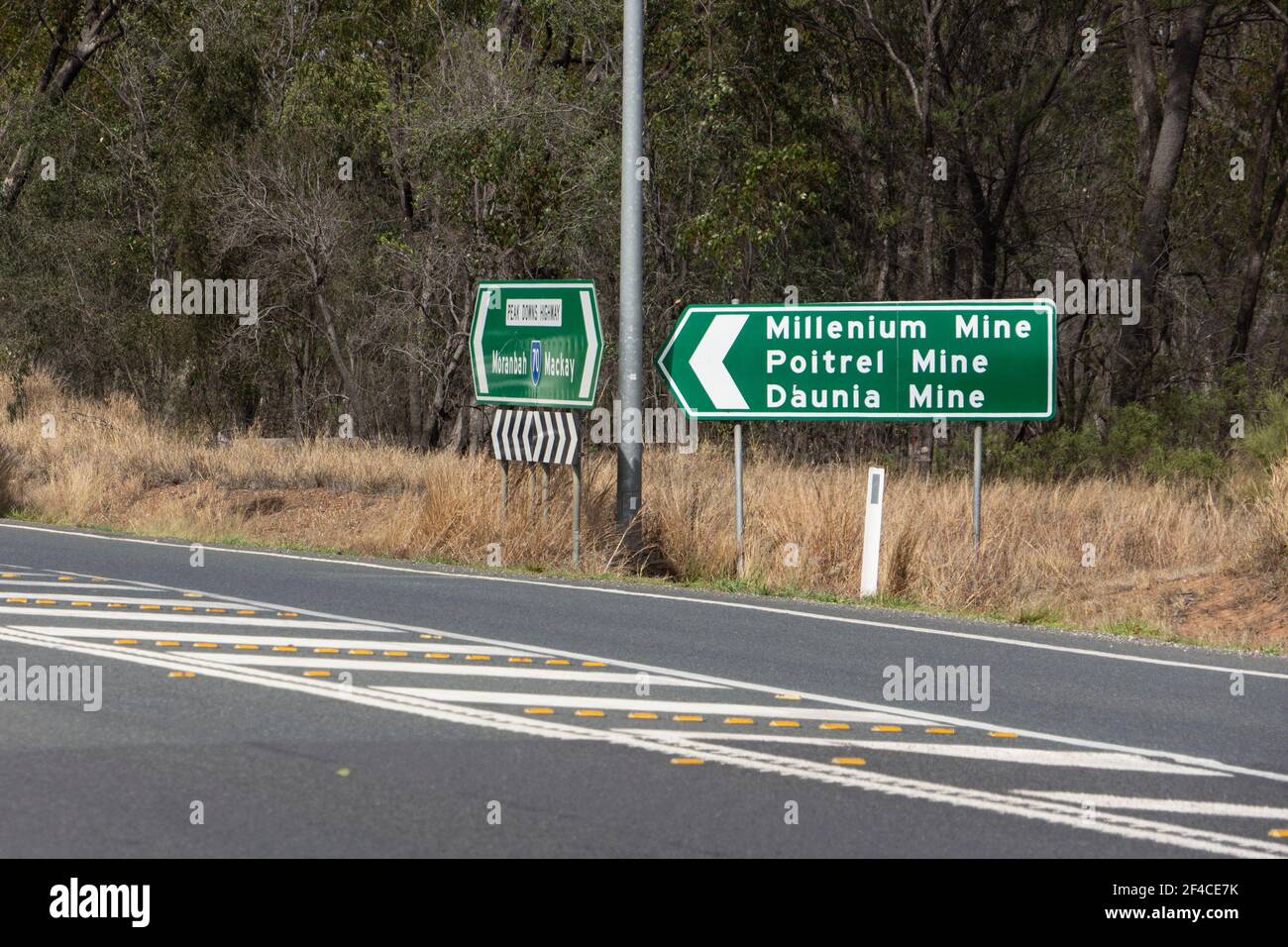 Direction signpost for the Millenium, Poitrel and Daunia coal mines in the Bowen Basin, Central Queensland on the highway between Mackay and Moranbah. Stock Photo