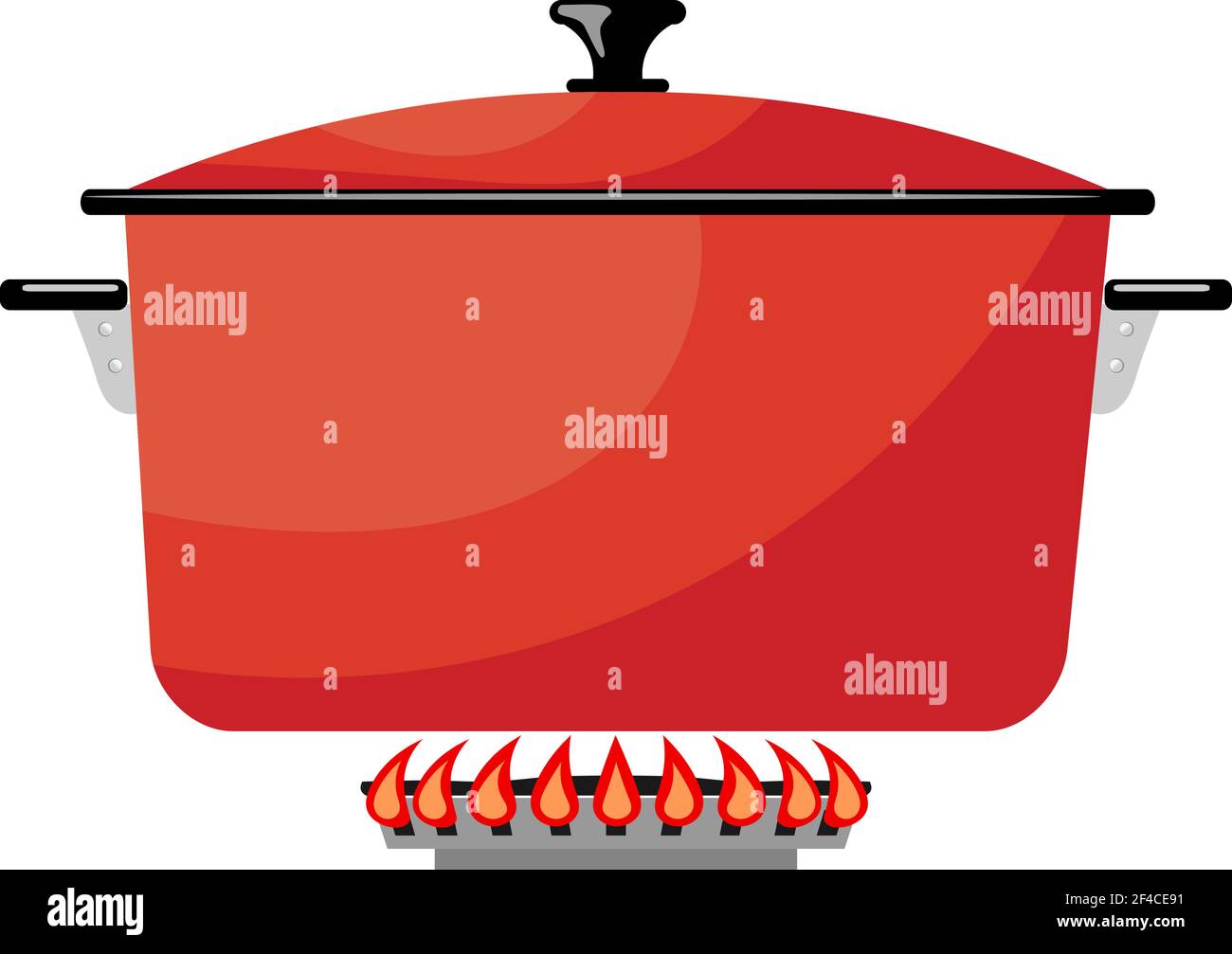 Cartoon red metal pan on a gas stove. Vector image kitchen pan in the fire. Stock vector illustration Stock Vector