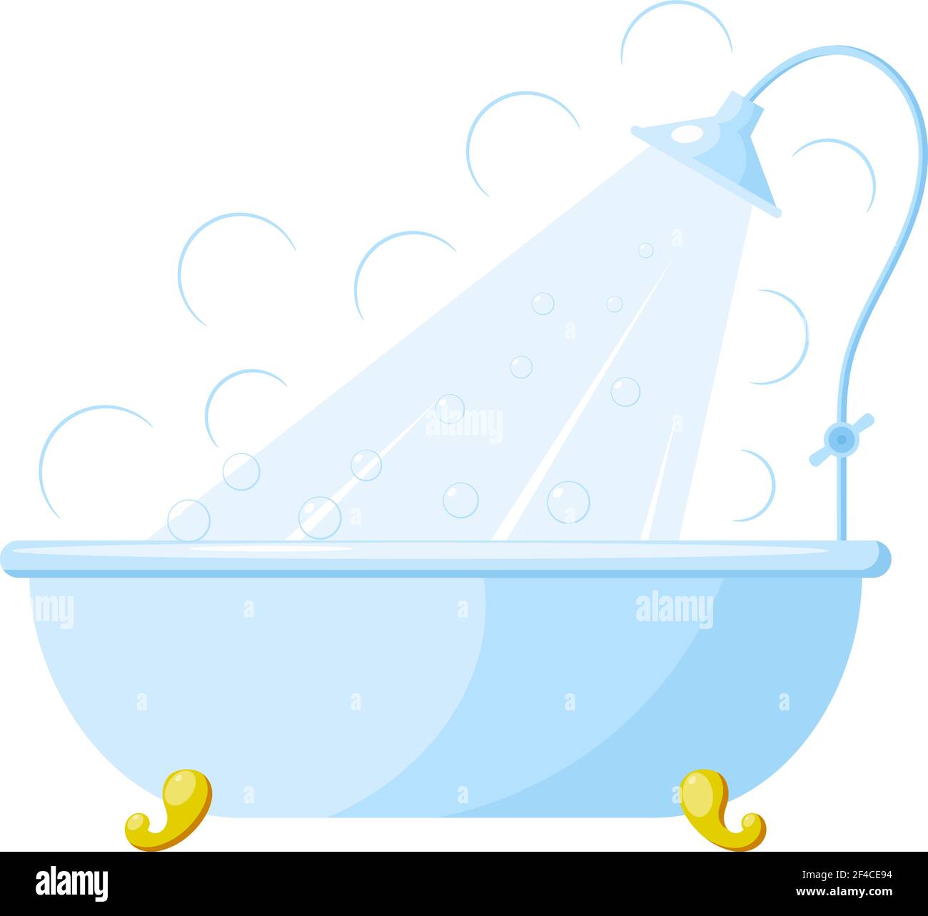 Vector illustration of a bath with shower. Cartoon bath with shower on a white background. Isolated object. Image blue with gold bath stand Stock Vector