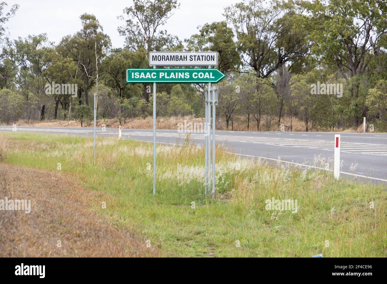 Direction signpost for the Isaac Plains coal mines in the Bowen Basin in Central Queensland on the highway between Mackay and Moranbah. Stock Photo