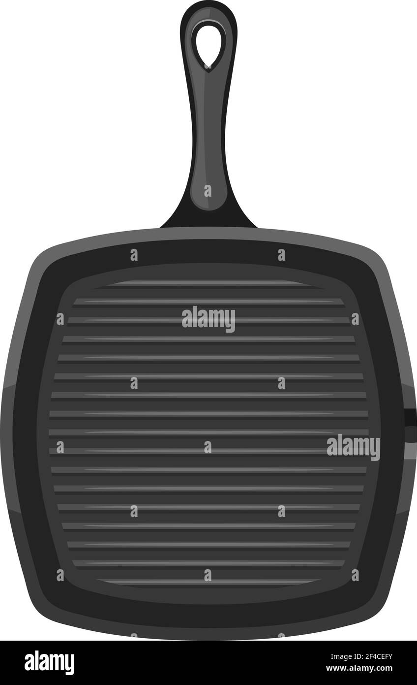 Vector image of a black square cast iron pan with a handle on a white