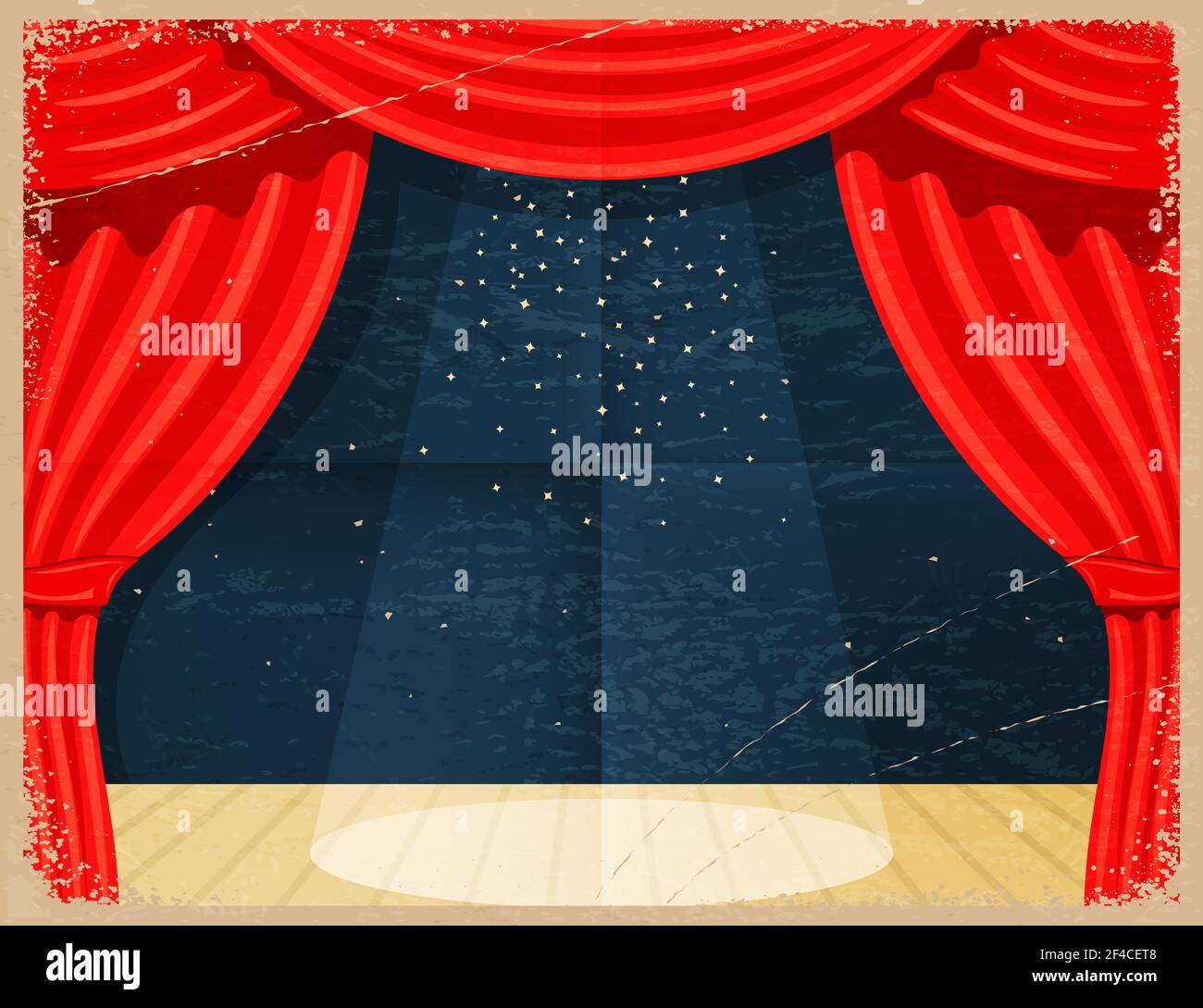Vintage Cartoon theater. Theater curtain with spotlights beam and stars. Retro Open theater curtain. Red silk side scenes on stage. Stock vector Stock Vector
