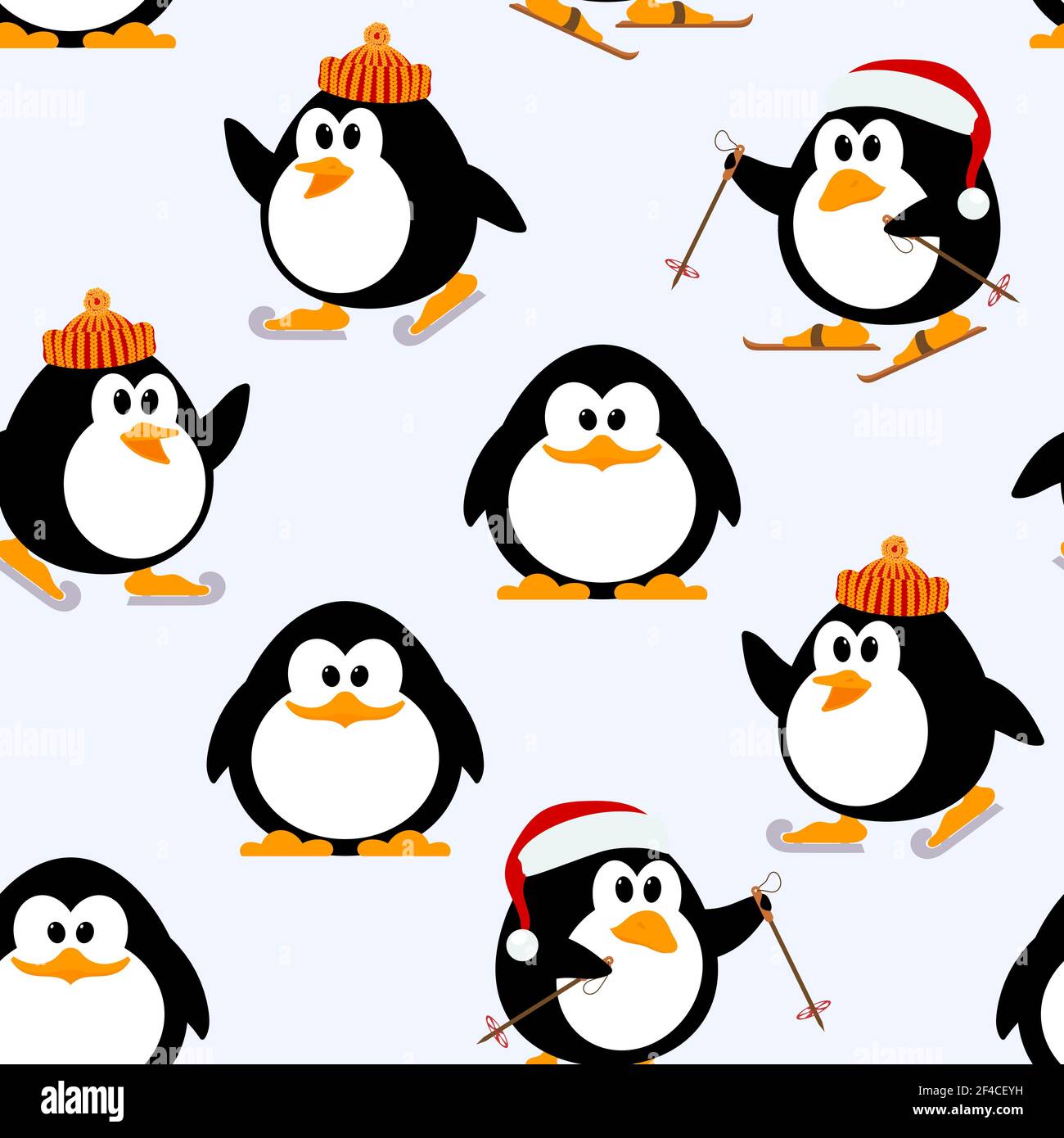 Vector seamless pattern with young penguins playing. Penguins skating, skiing. Winter Games. Illustration of Kids Penguin winter Stock Vector