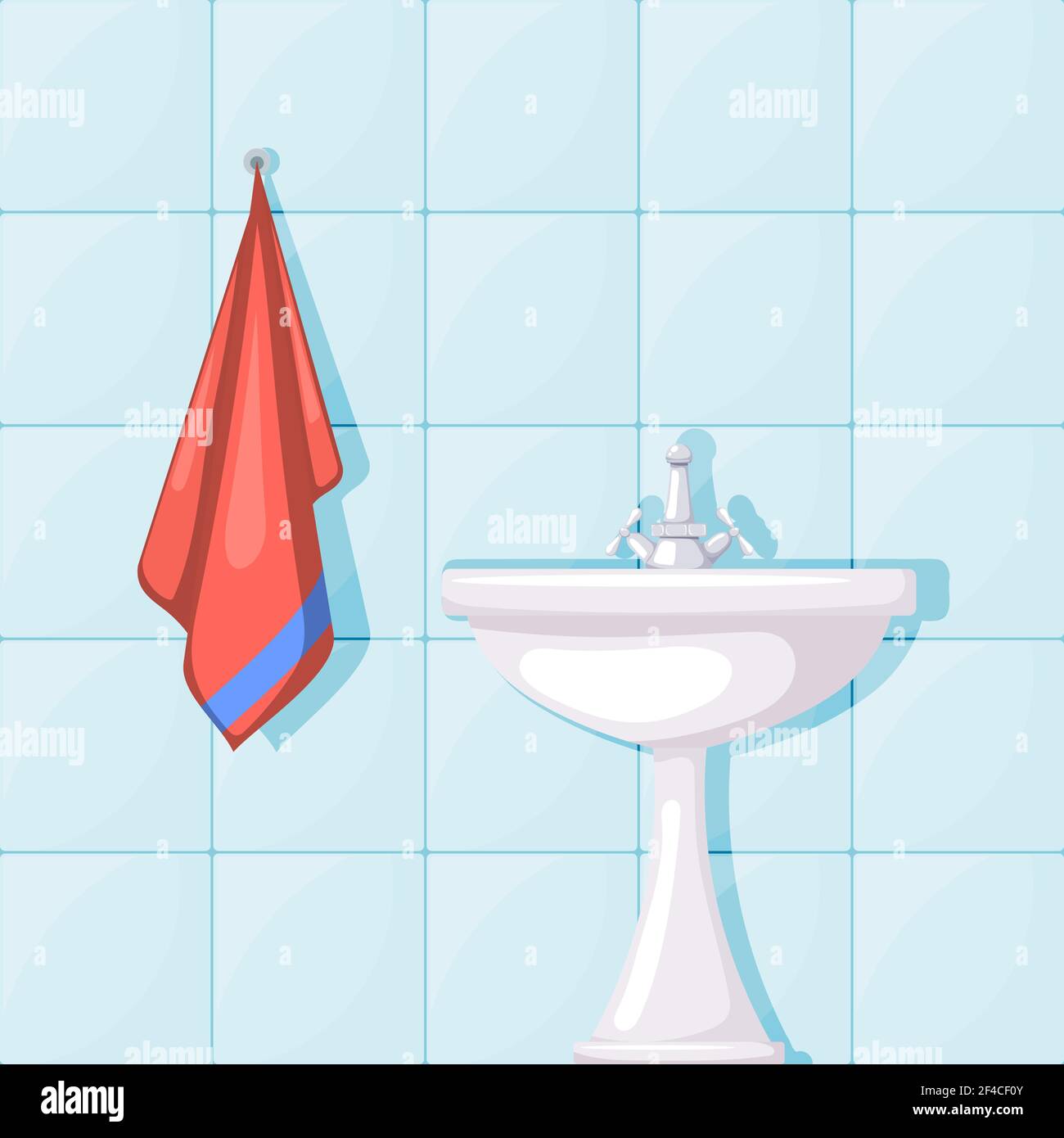 Vector illustration of bathroom ceramic wash basin, tiled walls and red towel. Cartoon style. Furnishings bathroom Stock Vector