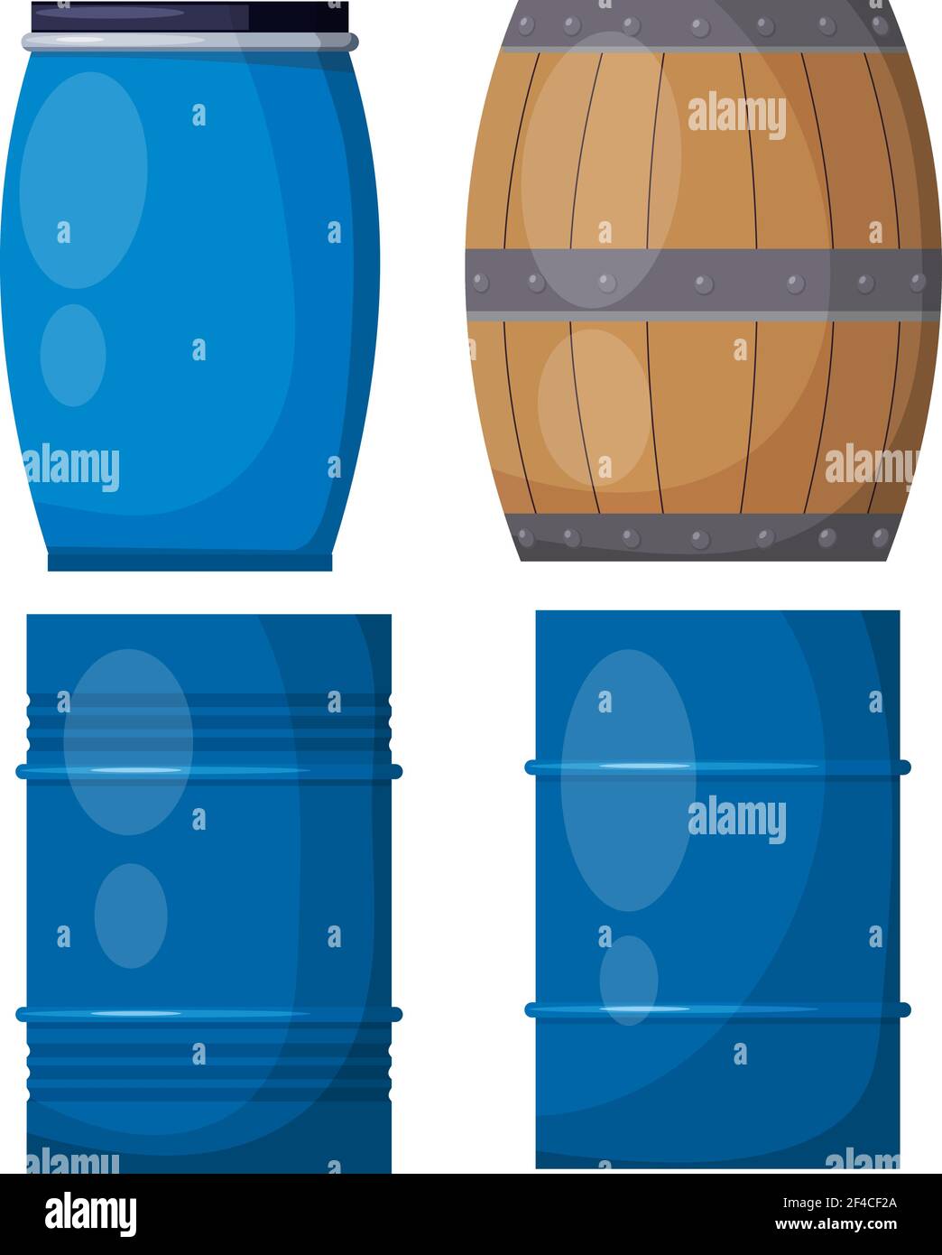 Vector set casks on a white background. Illustration of a wooden and metal blue barrels, isolate object. Stock Vector