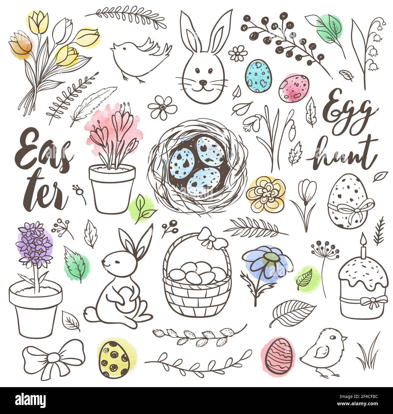 Set of decorative hand drawn Easter doodle elements for design. Vector kit with watercolor texture. Stock Vector