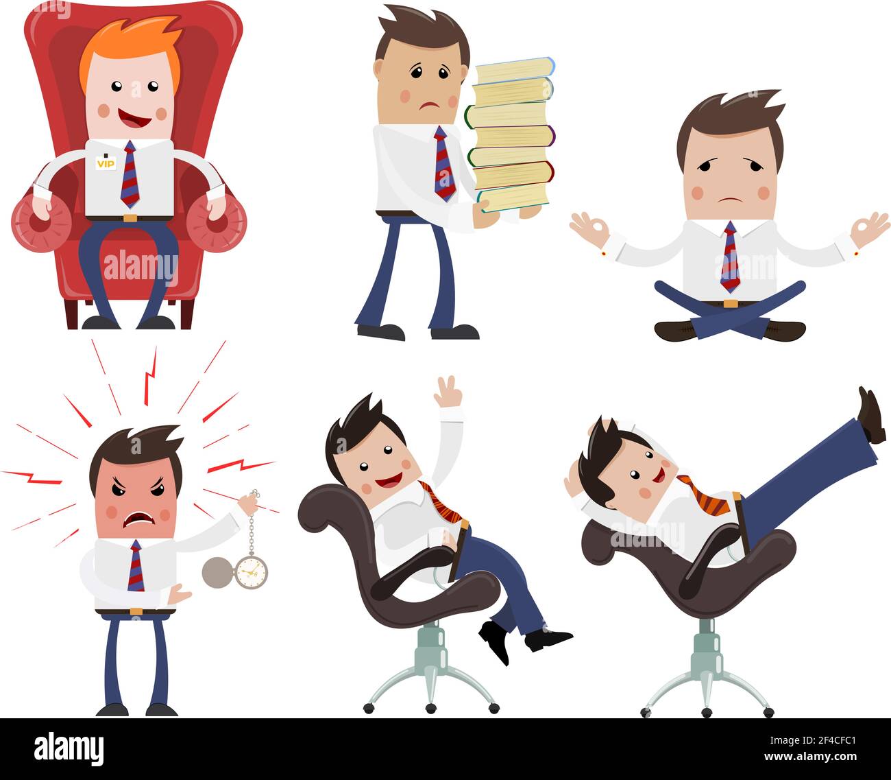 Set of color Cartoon businessman on a white background. Businessmen with different emotions. Vector illustration of businessmen for work and leisure Stock Vector