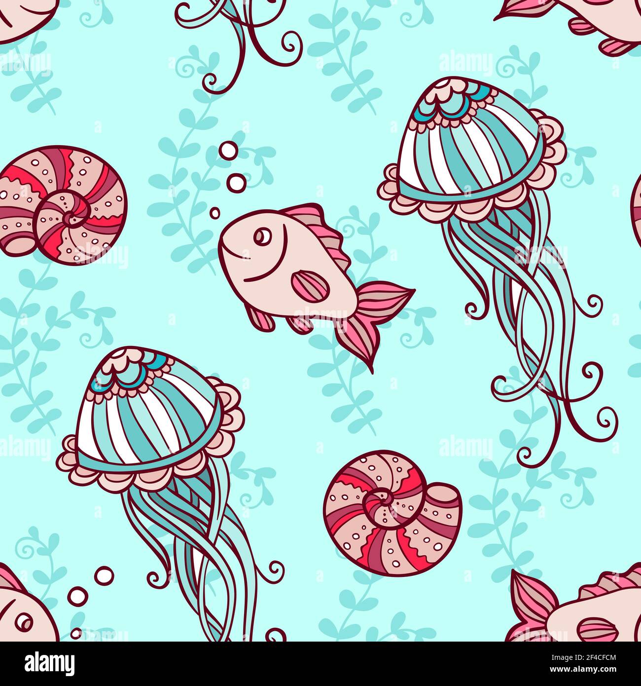 Marine seamless pattern with jellyfish and fish on a green background ...
