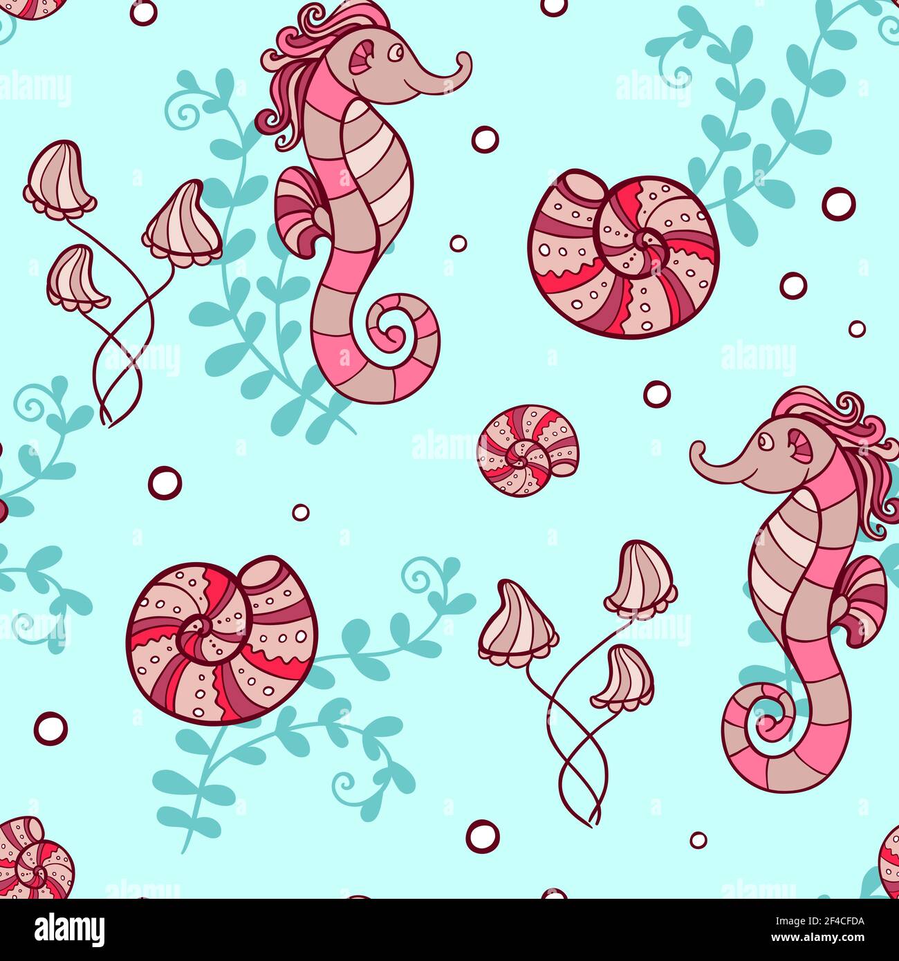 Marine seamless pattern with sea horses and shells on a green ...