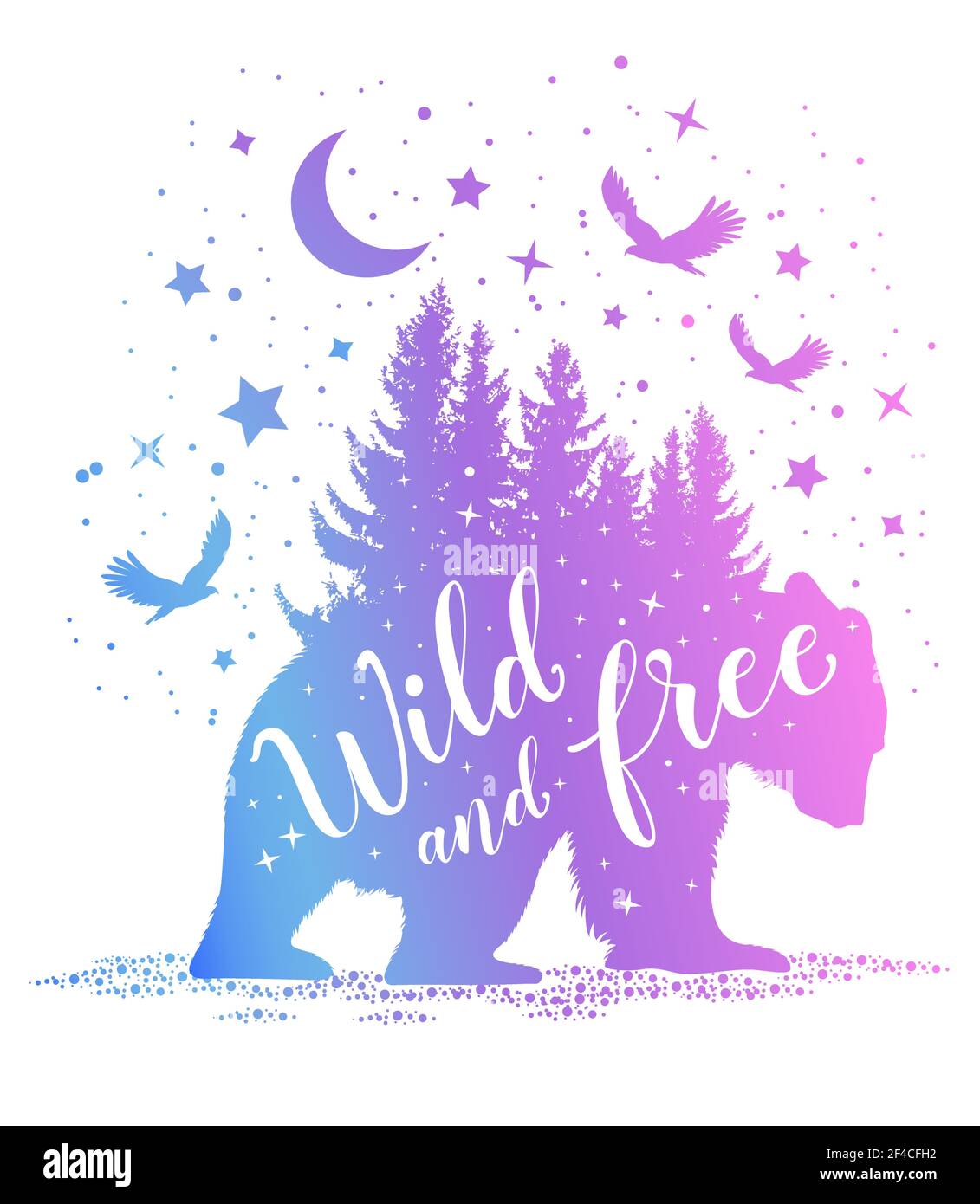 Silhouette of a bear, fir tree and starry sky on a white background. Wild and free lettering. Vector illustration.. Silhouette of a bear and starry sky. Stock Vector