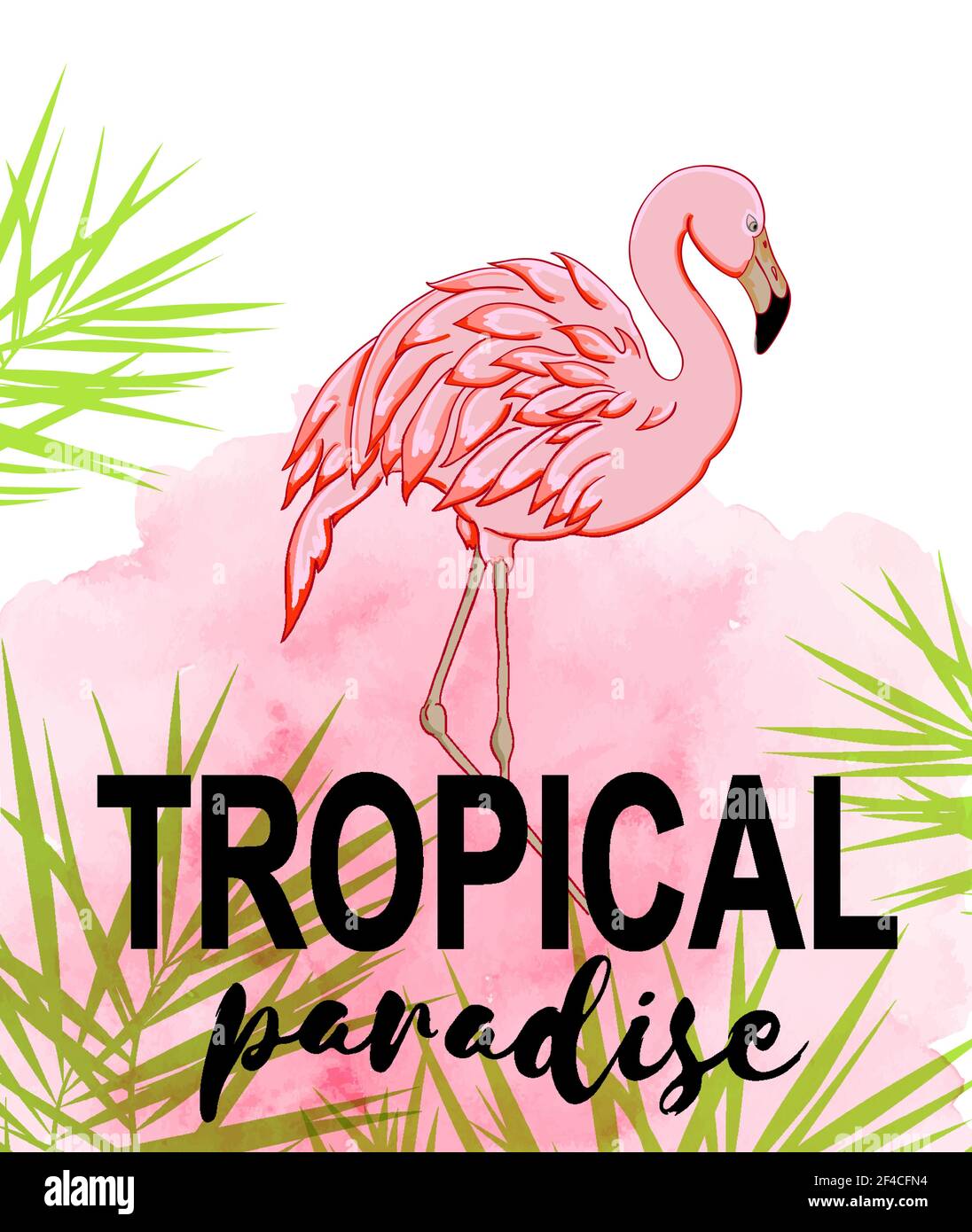 Summer tropical background with green palm leaves and pink flamingo ...