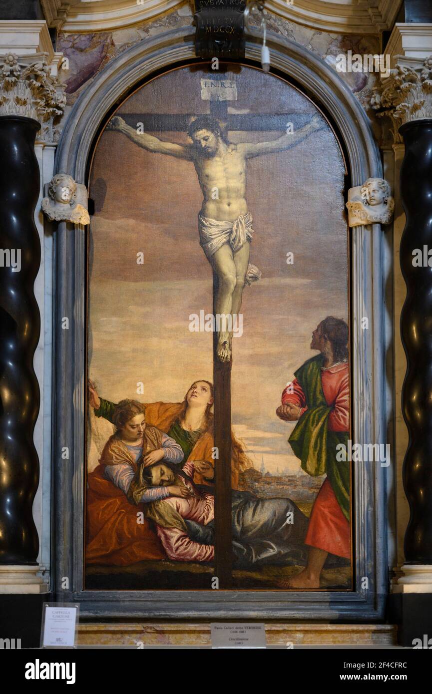 Venice. Italy.  Chiesa di San Sebastiano (Church of Saint Sebastian), Crucifixion, 1581, painting by Paolo Veronese (1528-1588). Stock Photo