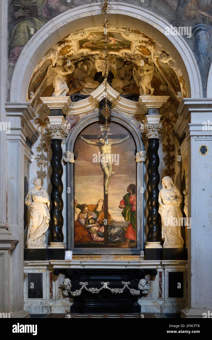 Venice. Italy.  Chiesa di San Sebastiano (Church of Saint Sebastian), Crucifixion, 1581, painting by Paolo Veronese (1528-1588). Stock Photo