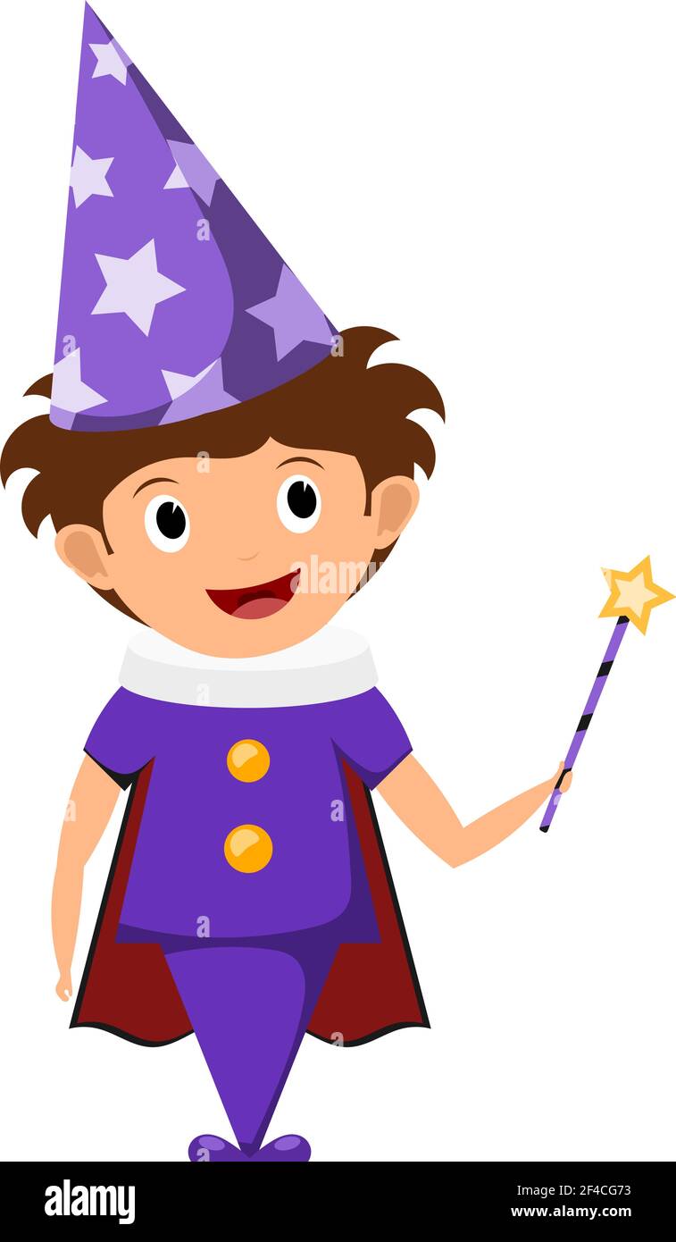 The little magician. A child in a purple suit and cap with stars with a magic wand in his hands. Illustration of children&rsquo;s performance, show. Cartoon style. The young actor, wizard. Stock Vector