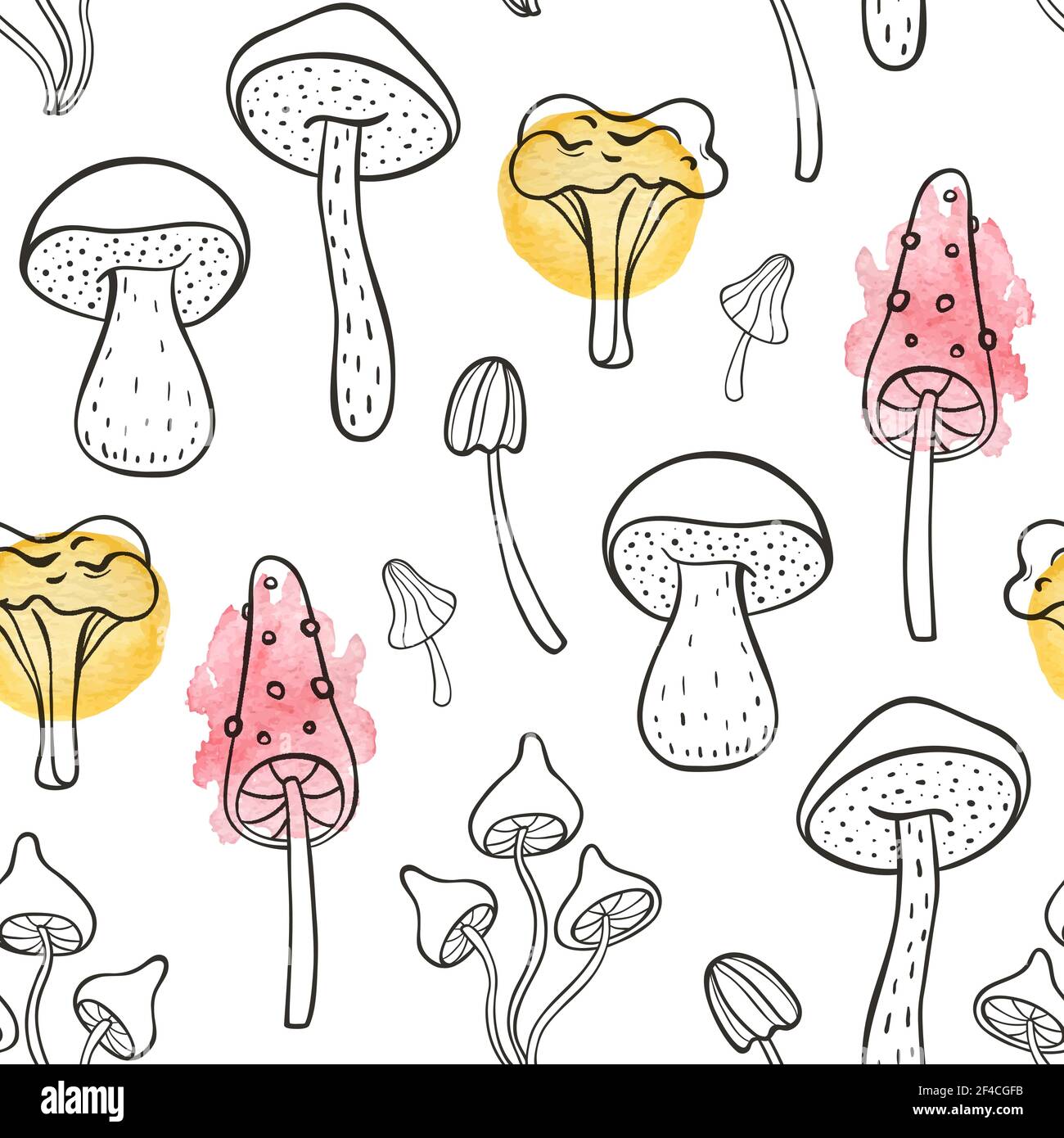 Autumn doodle seamless pattern with forest mushrooms on a white background. Hand drawn vector illustration with watercolor elements. Stock Vector