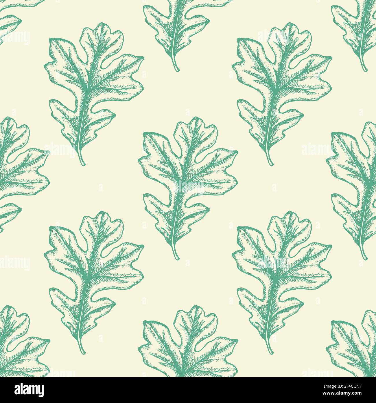 Autumn seamless pattern with green oak leaves. Hand drawn seasonal ...