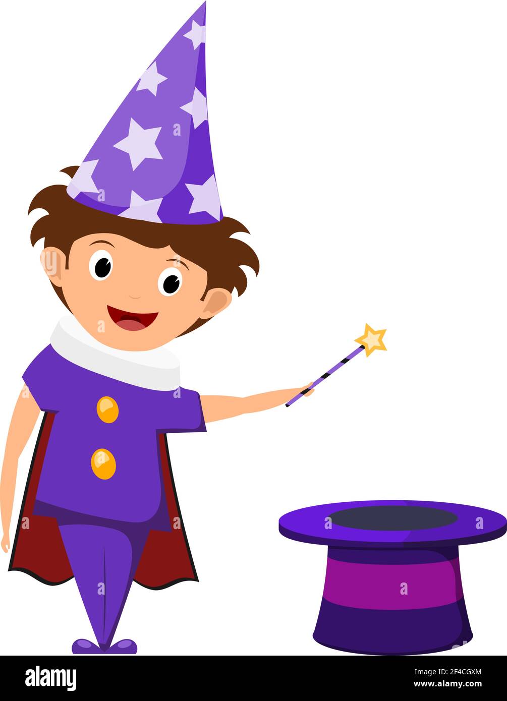 The little magician. A child in a purple suit and cap with stars with a  magic wand in his hands and cylinder. Illustration of children’s  performance, show. Cartoon style. The young actor,