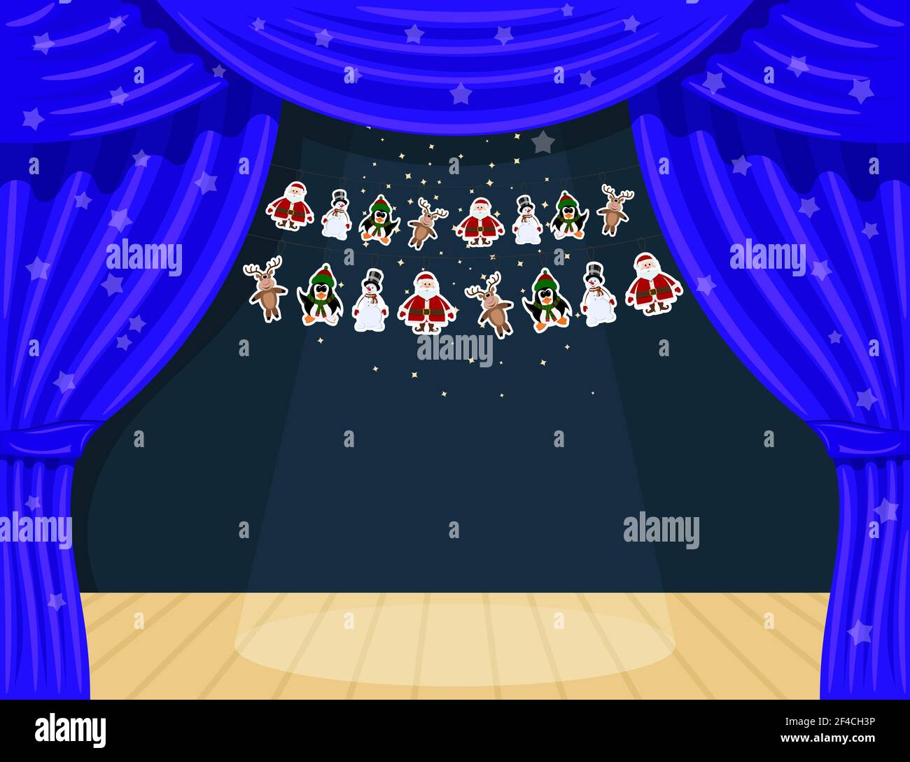 Blue Cartoon theater. Theater curtain with spotlights beam, stars and garlands . Open theater curtain. Blue silk side scenes on stage. Stock vector Stock Vector