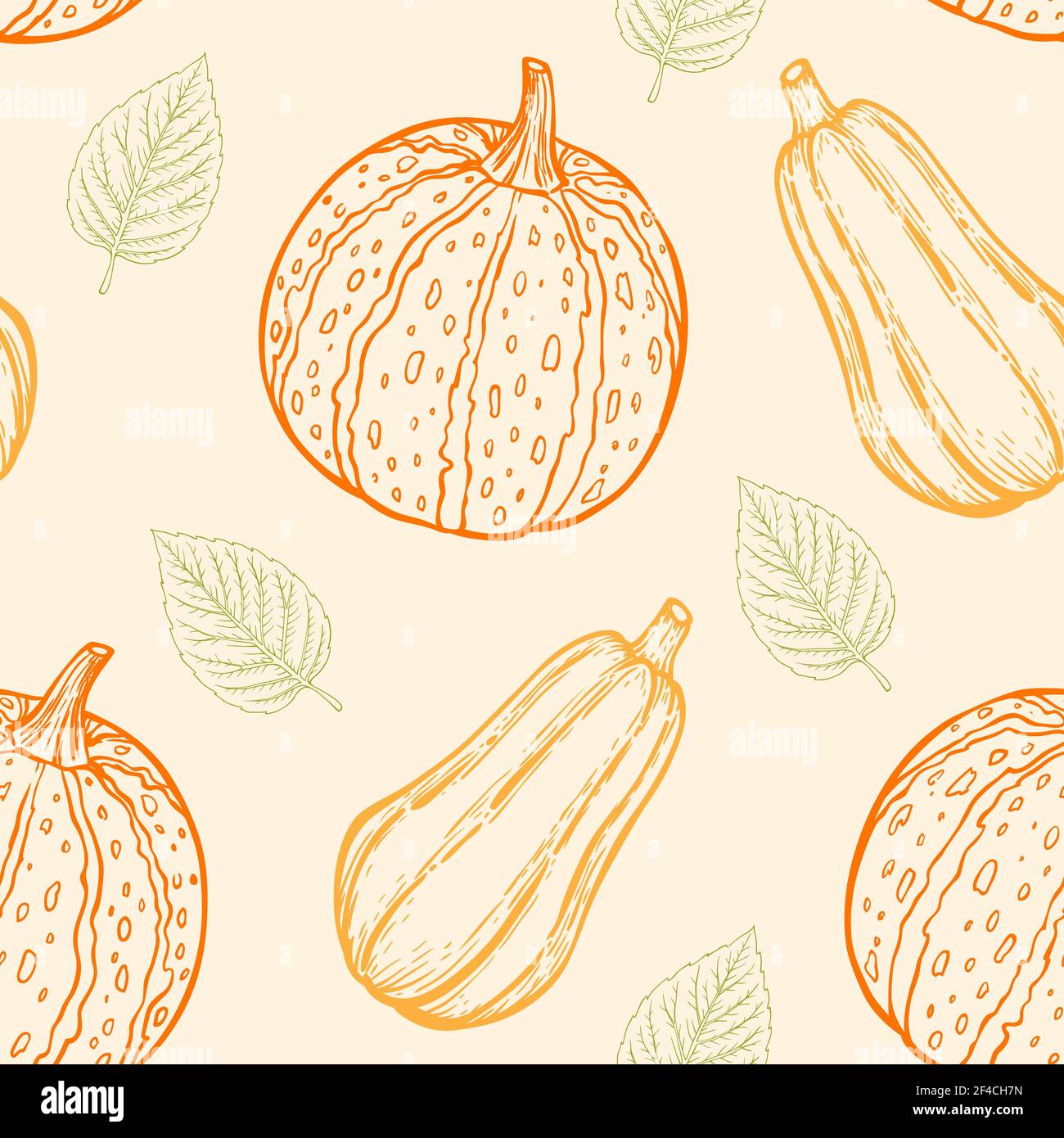 Autumn seamless pattern with pumpkins and green leaves. Hand drawn ...