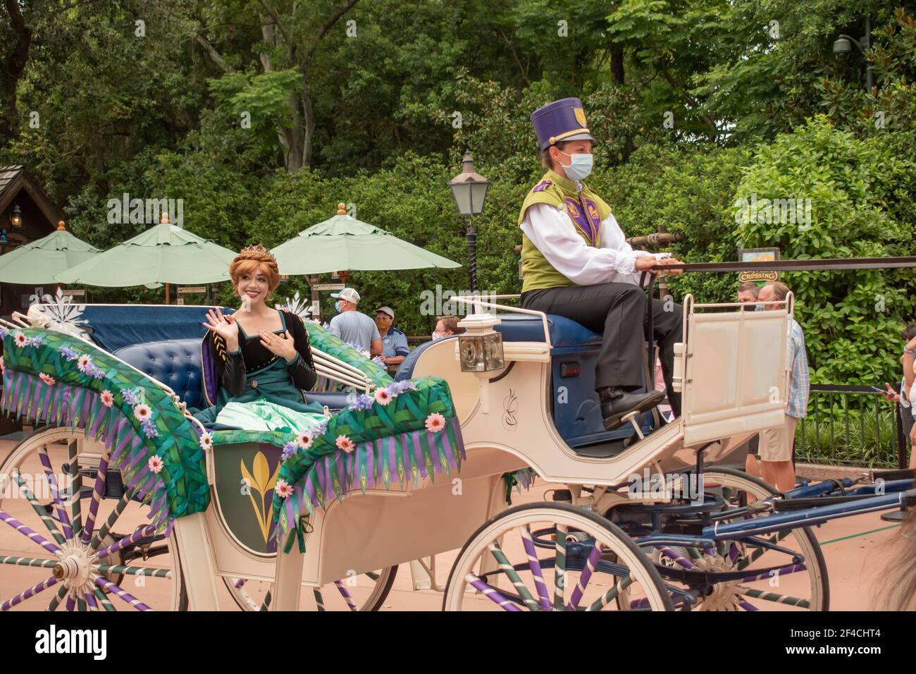 Orlando, Florida. July 29, 2020. Princess Anna riding a horse drawn carriage at Epcot (138) Stock Photo