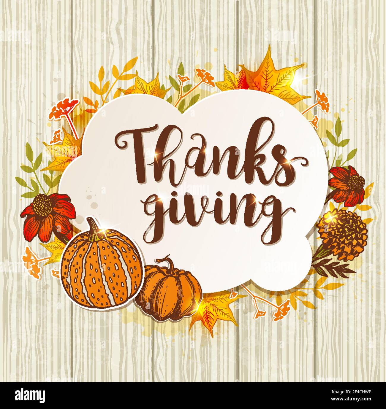 Vintage greeting card for Thanksgiving Day with orange pumpkins, flowers and maple leaves on a wooden background. Hand drawn vector illustration. Stock Vector