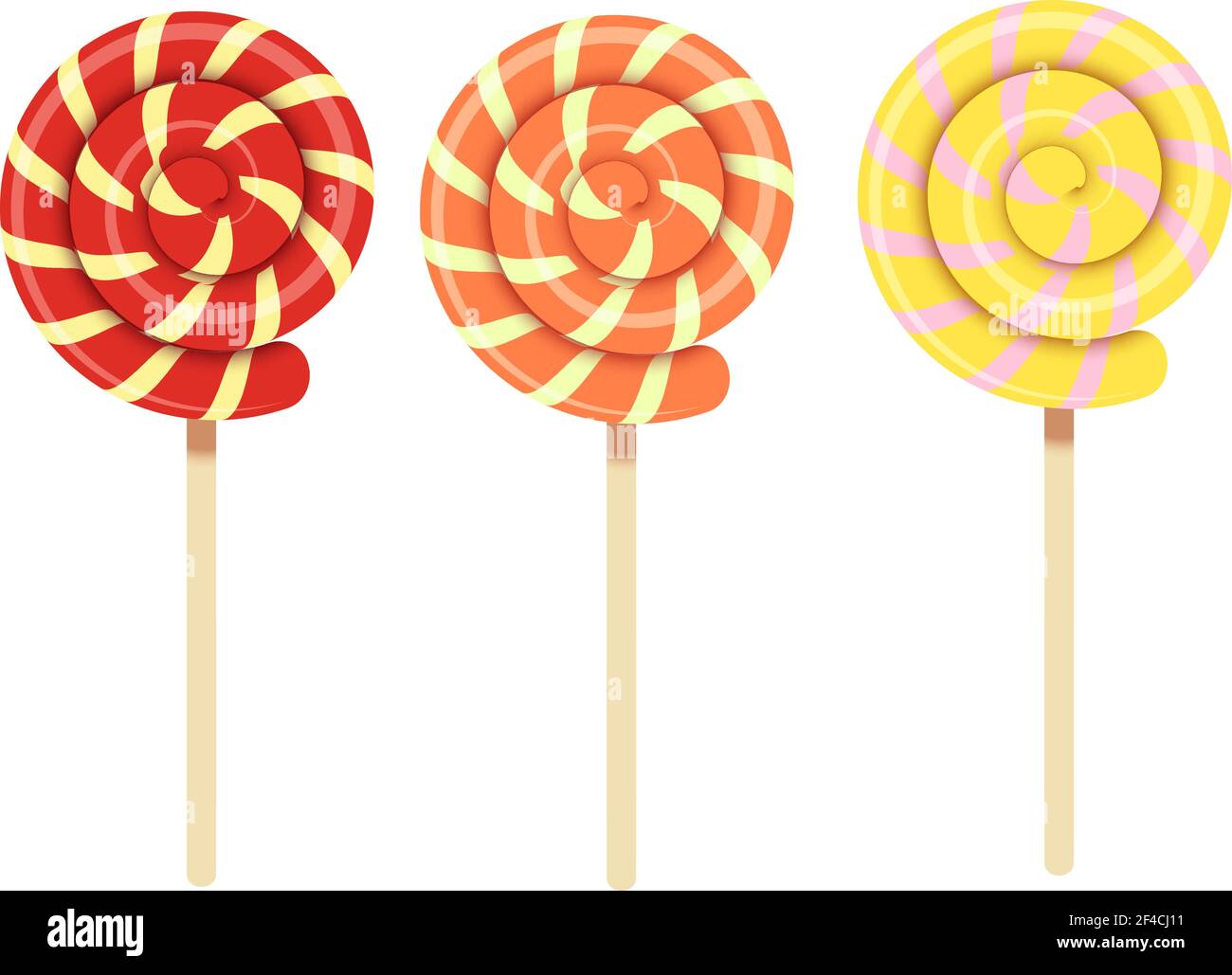 Vector illustration of multicolored spiral sweet lollipops. Fruit candy sweet dessert isolate on a white background Stock Vector