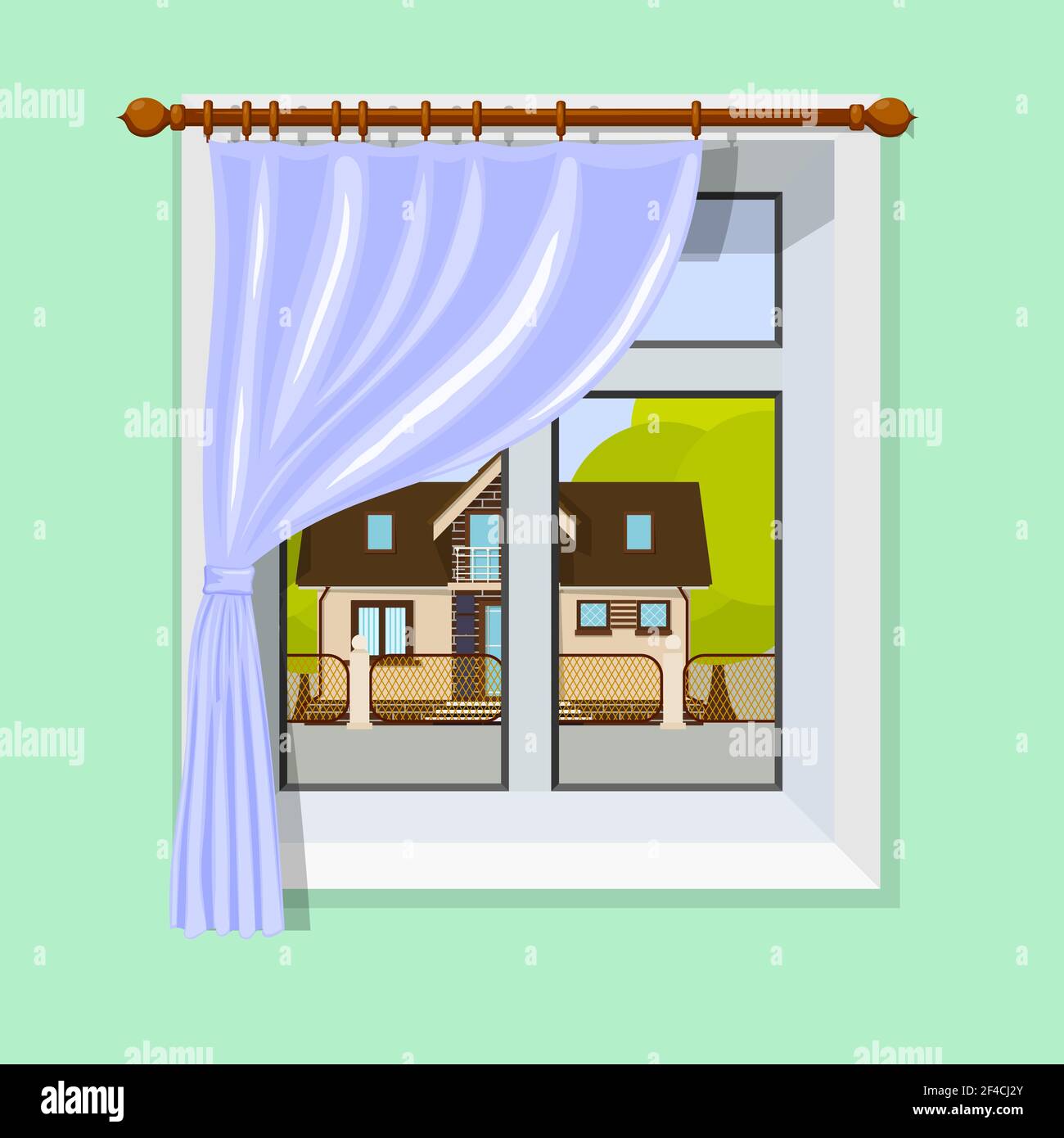 Vector illustration of interior with a window curtain and scenery with a small rural house and trees Stock Vector