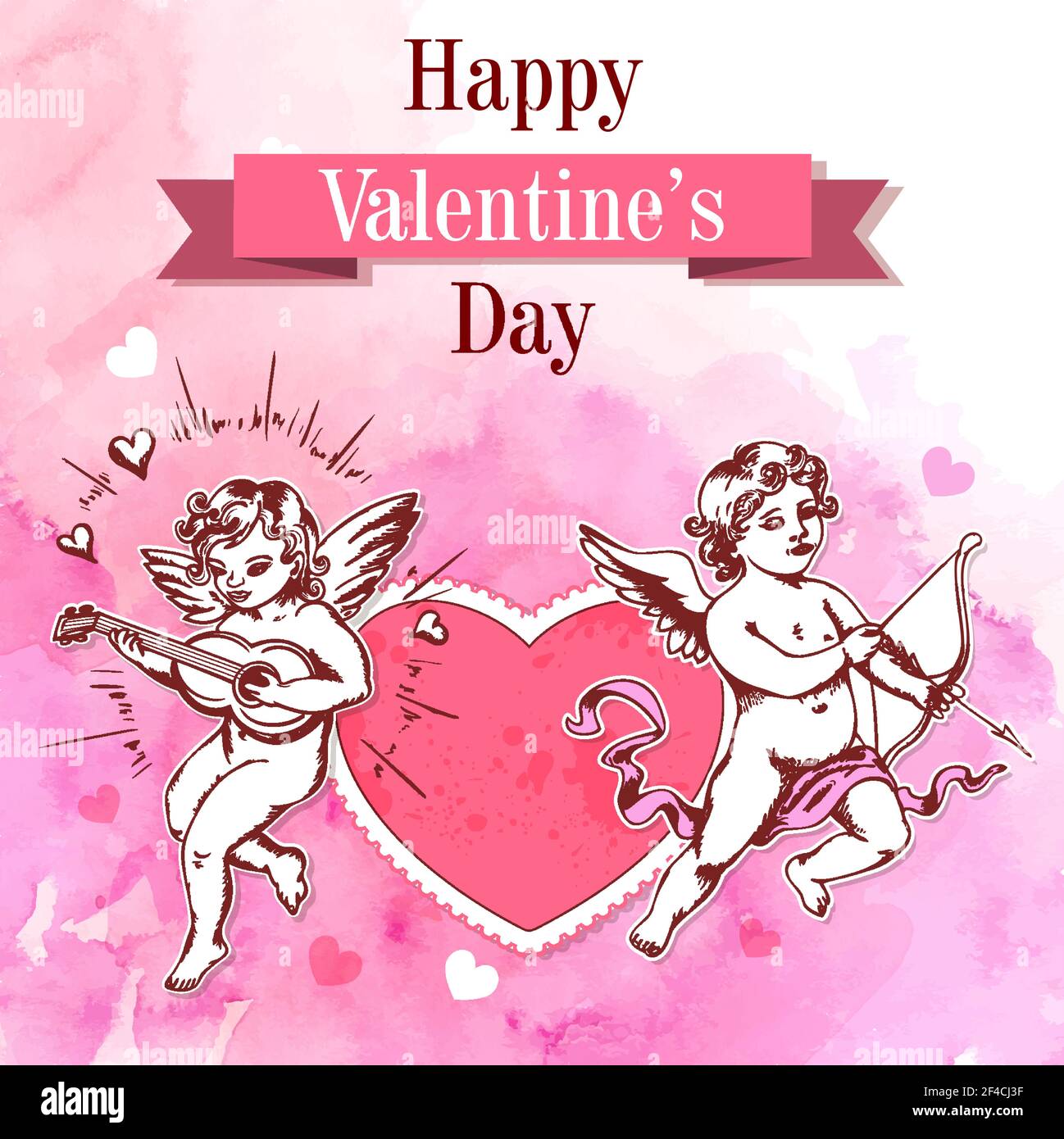 Vintage romantic Valentine card with two cupids and heart on a pink watercolor background. Vector illustration. Stock Vector