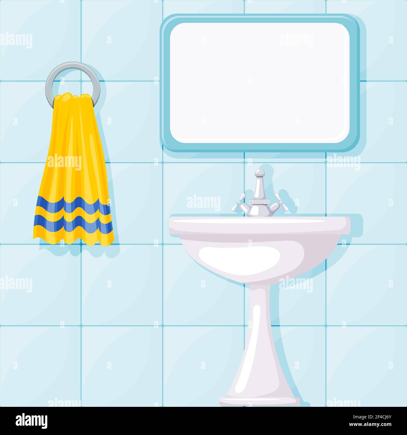 Vector illustration of bathroom ceramic wash basin, tiled walls, mirror and yellow towel. Cartoon style. Furnishings bathroom Stock Vector