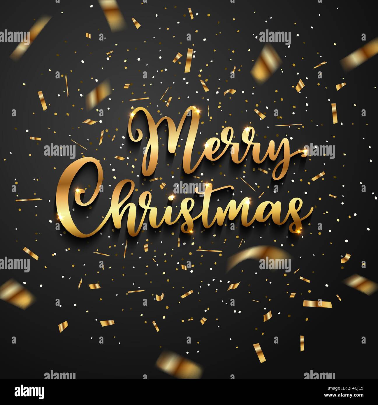 Christmas greeting card with golden glittering confetti and lettering ...