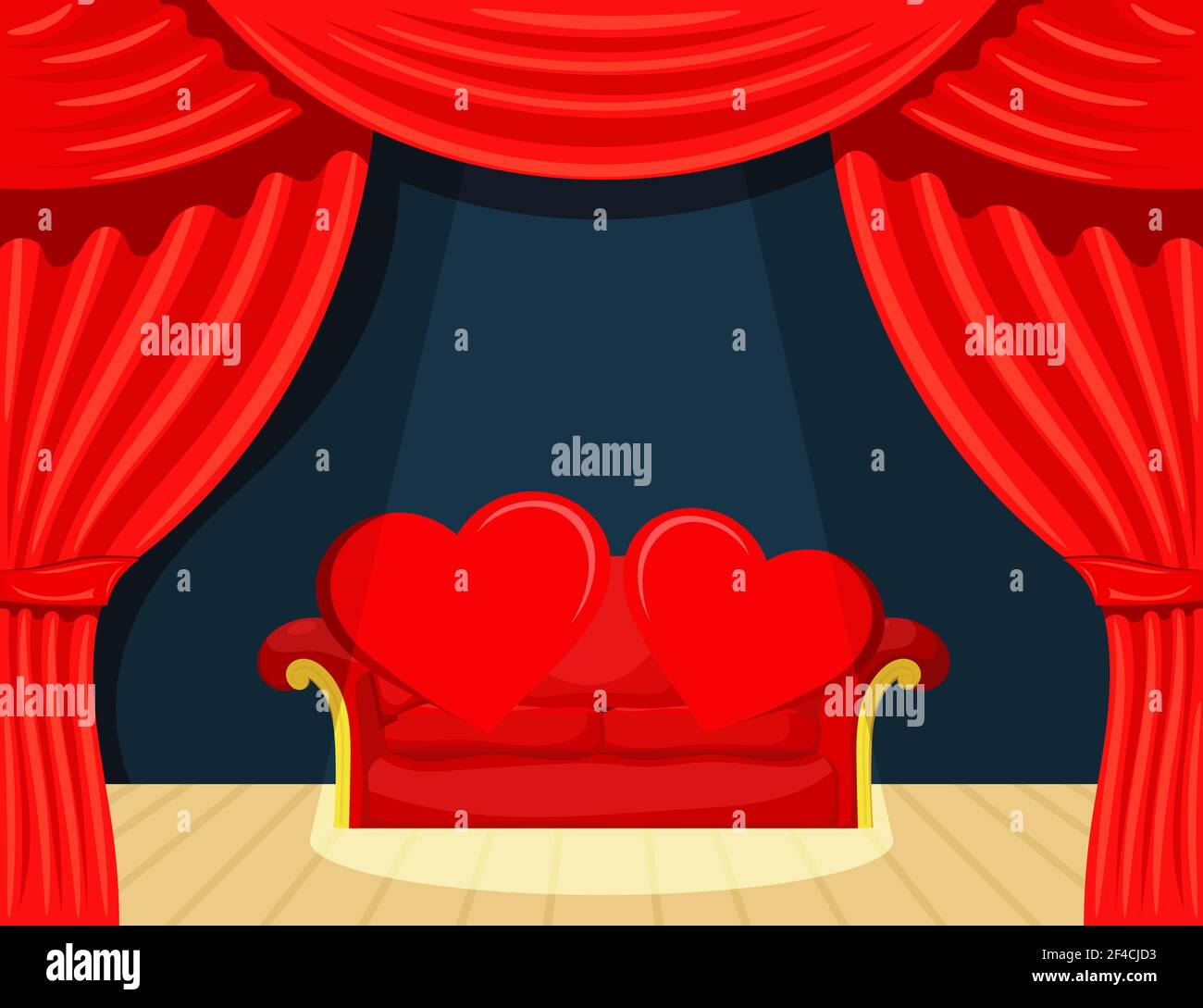 Picture Cartoon Theater with red backstage spotlight and red hearts on the couch. Vector Cartoon Illustration. The concept of Valentine&rsquo;s Day Stock Vector