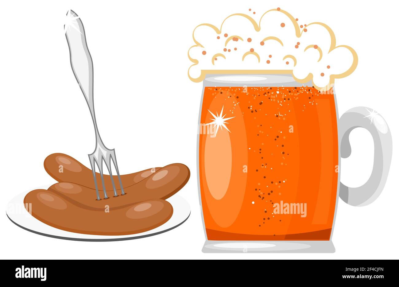 Vector illustration of a glass mug of beer with foam and a plate with sausage and fork. Isolated food object. Cartoon beer and sausages Stock Vector