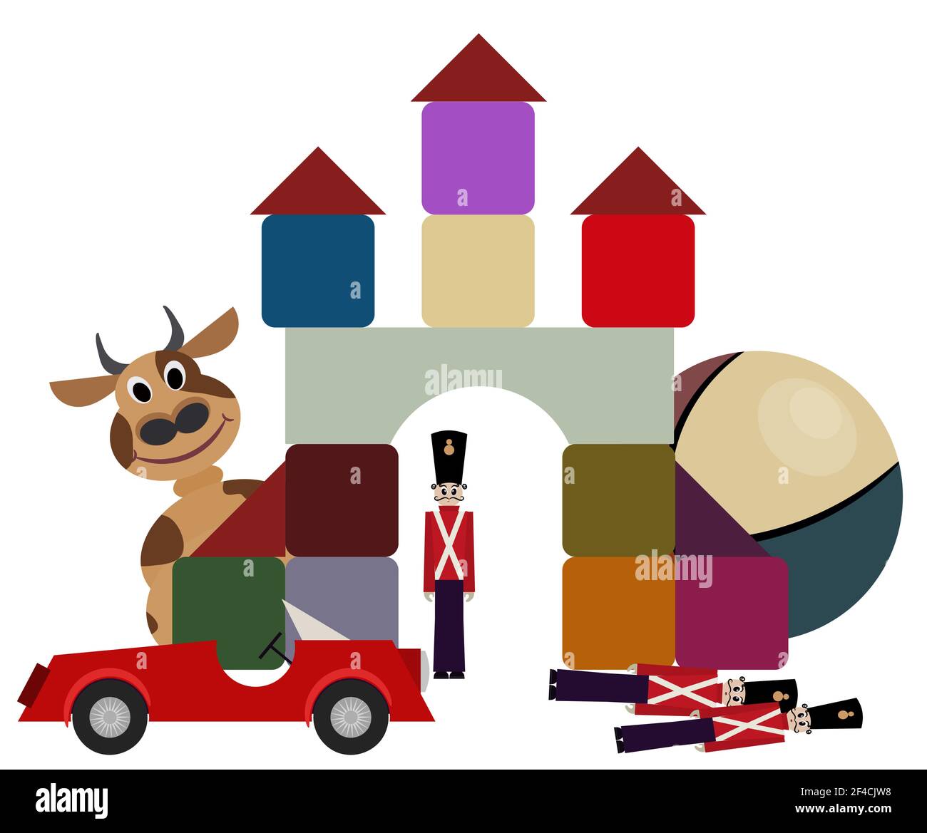 Set of children&rsquo;s toys. Cow, soldier, cubes, pyramid, cars, ball. Vector illustration Stock Vector