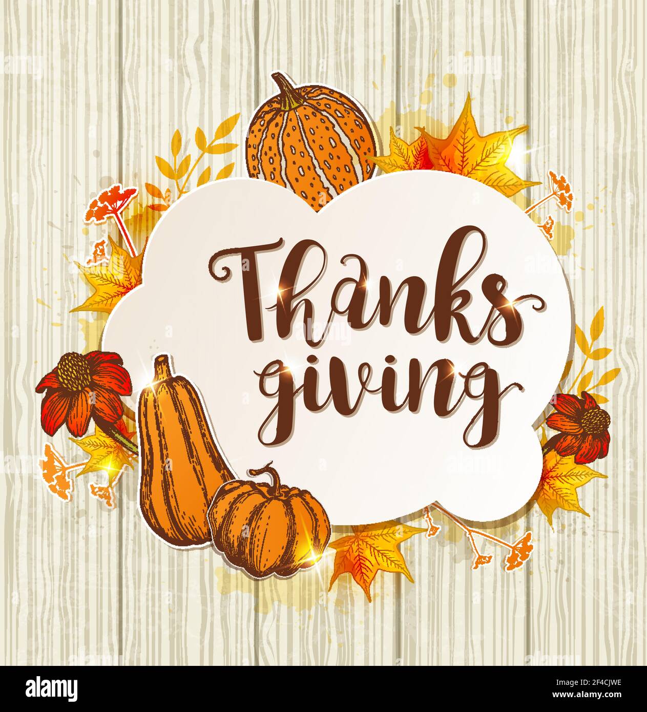 Greeting card for Thanksgiving Day with orange pumpkins, flowers and maple leaves on a wooden background. Vintage vector illustration. Stock Vector