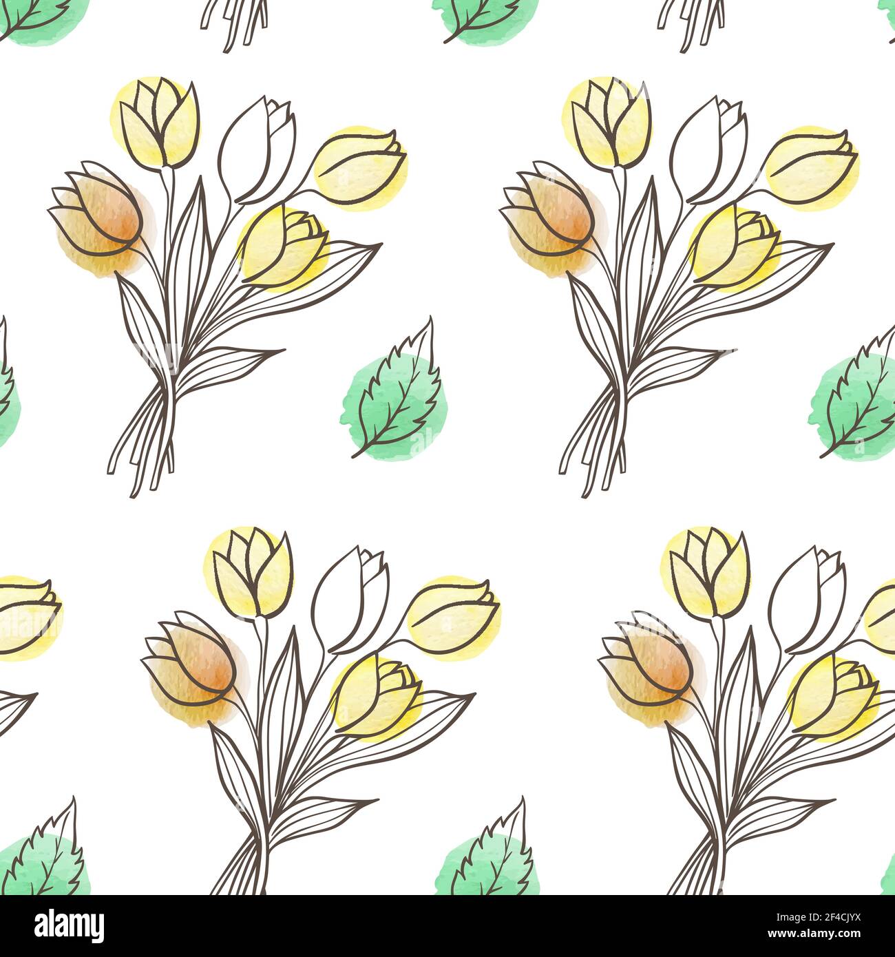 Hand drawn doodle spring floral seamless pattern with leaves and tulip flowers. Decorative vector background Stock Vector