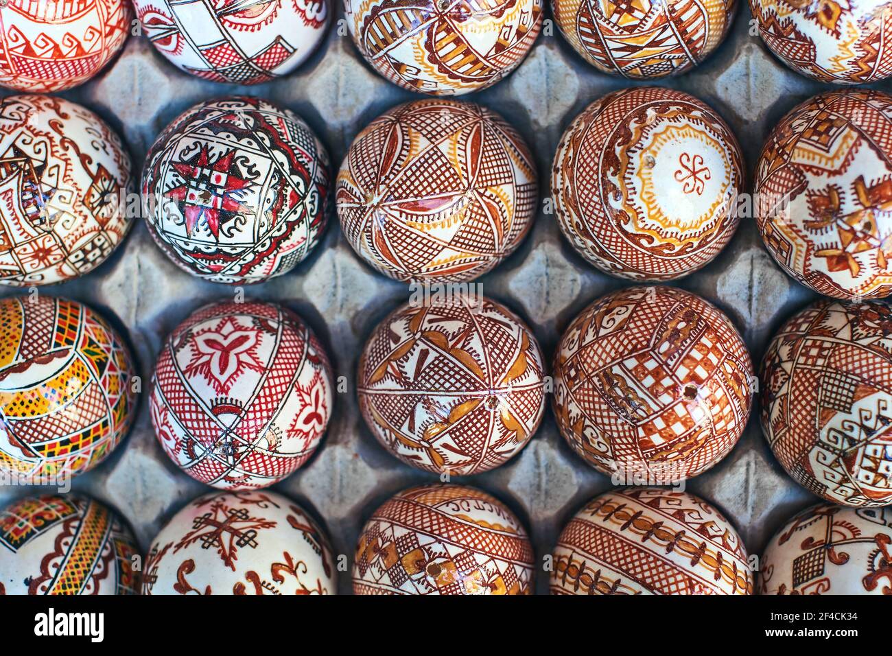 Colored eggs with traditional patterns from Kosmach, Ukraine Stock Photo