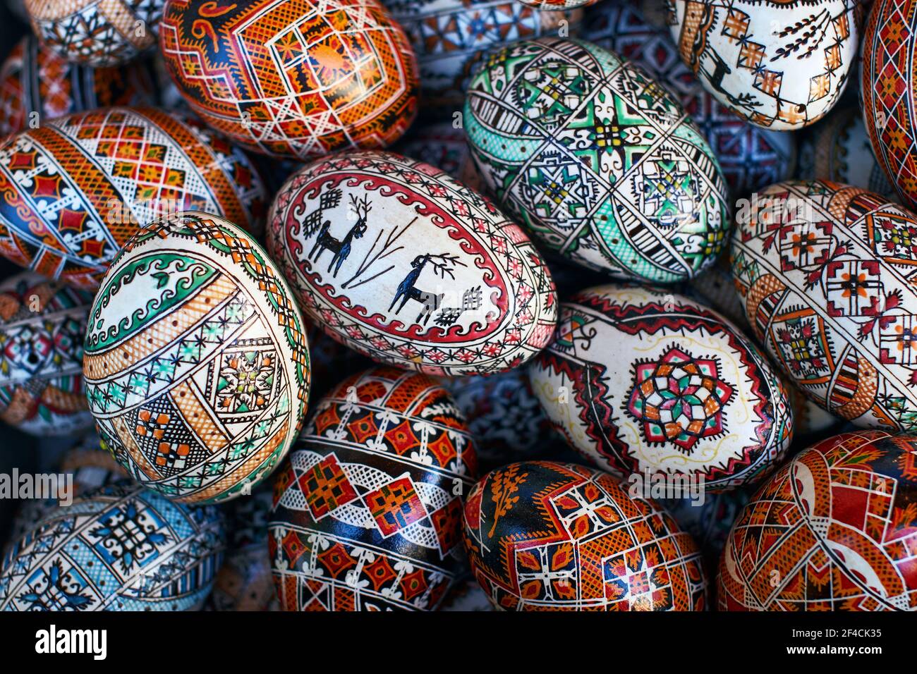 Colored eggs with traditional patterns from Kosmach, Ukraine Stock Photo