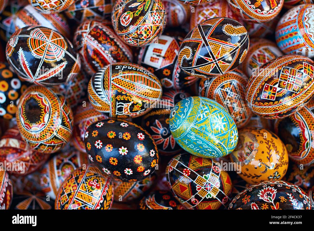 Colored eggs with traditional patterns from Kosmach, Ukraine Stock Photo